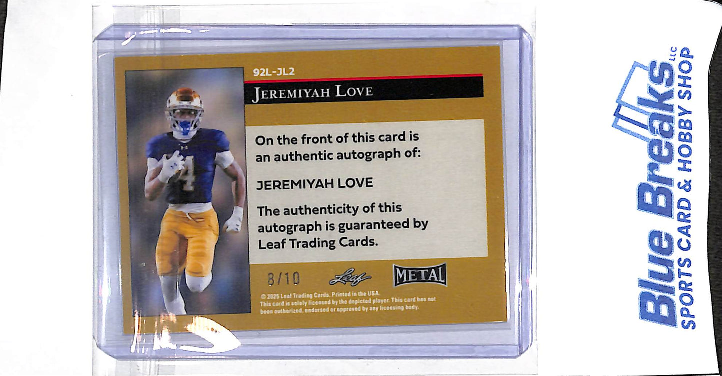 2025 Leaf - Metal - purple - Jeremiyah Love - auto - 08/10 - #92L-JL2 - football - Fighting Irish