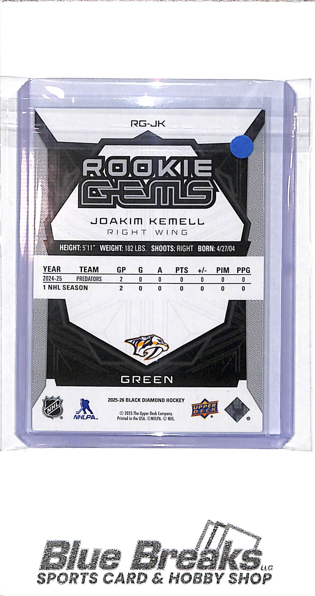 2025-26 Upper Deck - Black Diamond - Rookie Gems - green - Joakim Kemell - 07/10 - #RG-JK - hockey - Predators