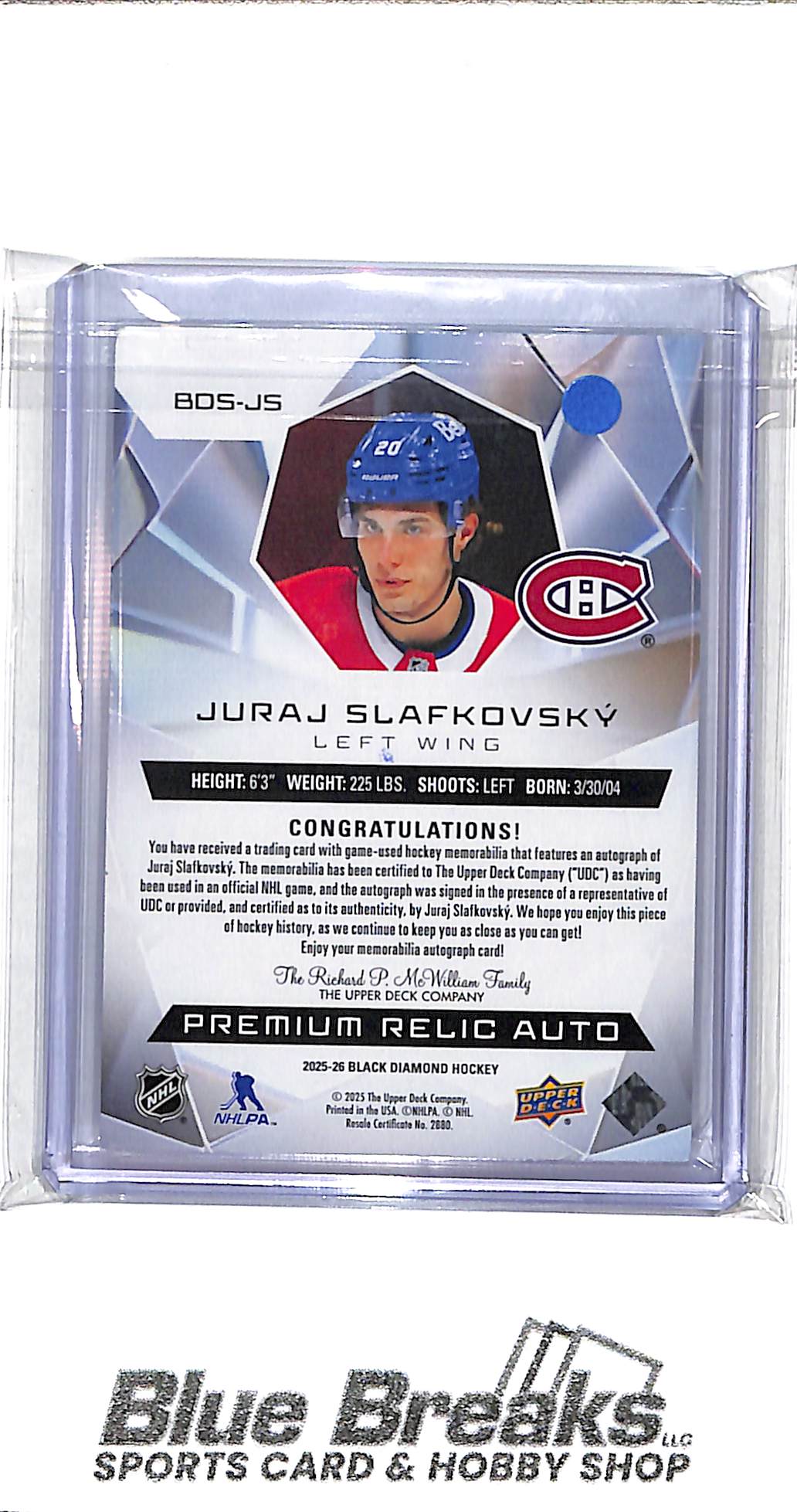 2025-26 Upper Deck - Black Diamond - Premium Relic Auto - Diamond Stars - Juraj Slafkovsky - 14/15 - #BDS-JS - hockey - Canadiens