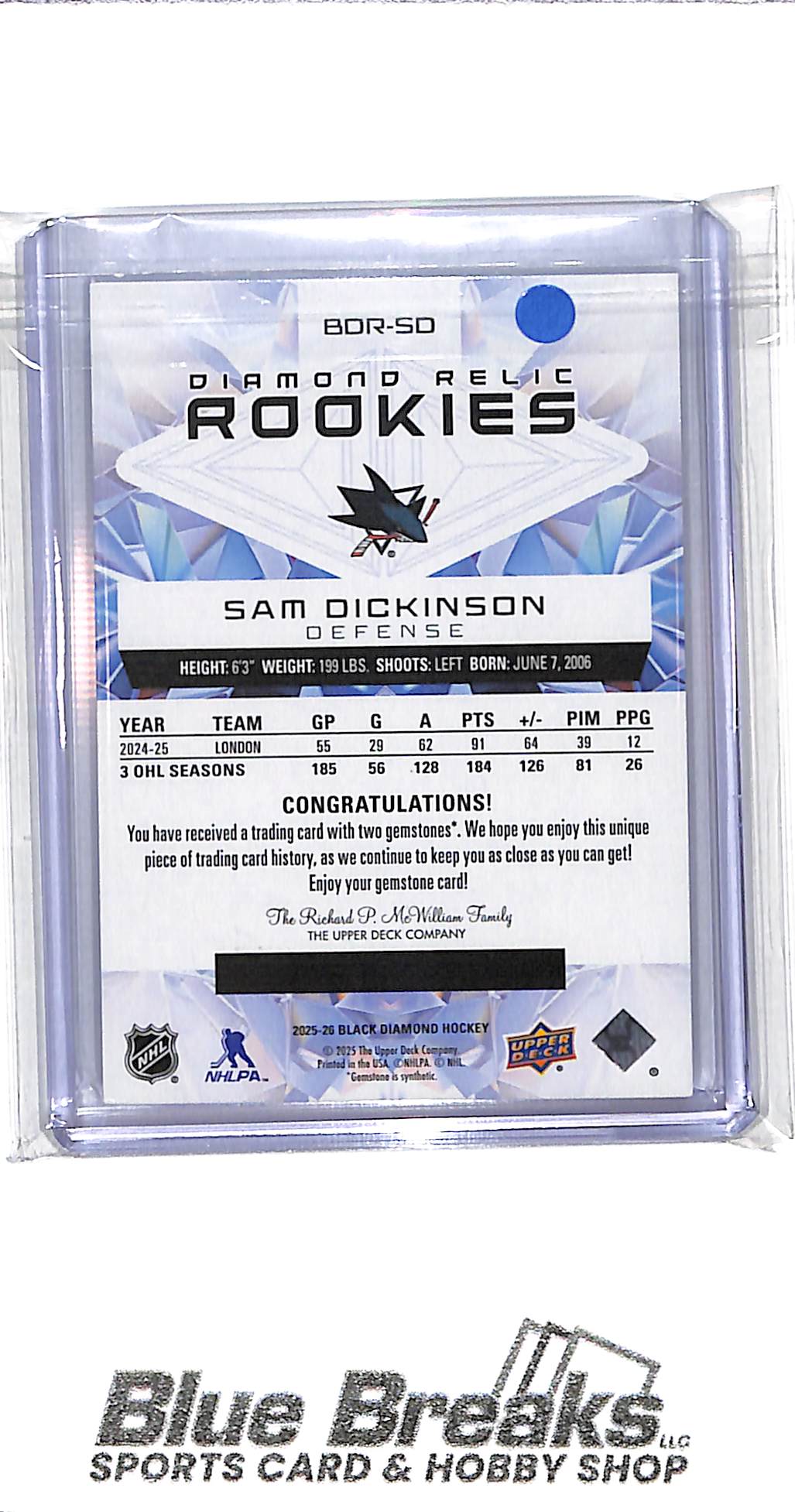 2025-26 Upper Deck - Black Diamond - Diamond Relic Rookies - Double Diamond - Sam Dickinson - 14/99 - #BDR-SD - hockey - Sharks