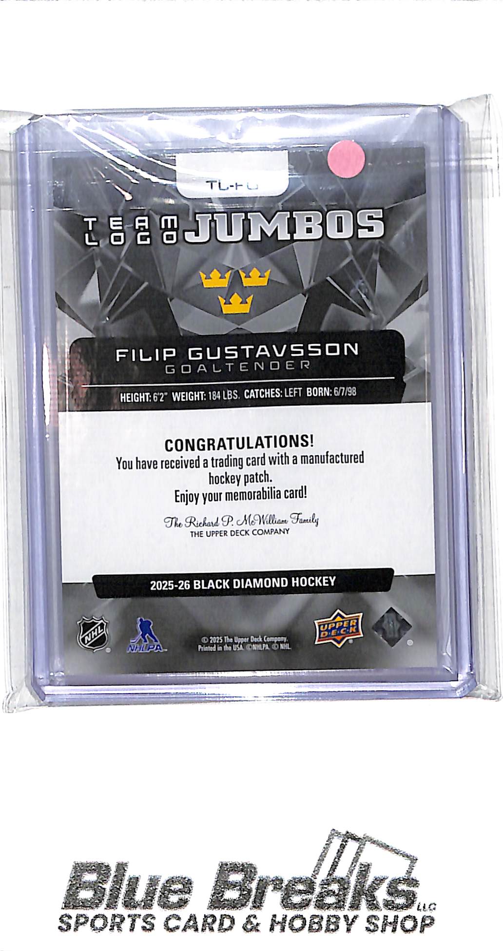 2025-26 Upper Deck - Black Diamond - Team Jumbo Logo - Filip Gustavsson - #TL-FG - hockey - Team Sweden