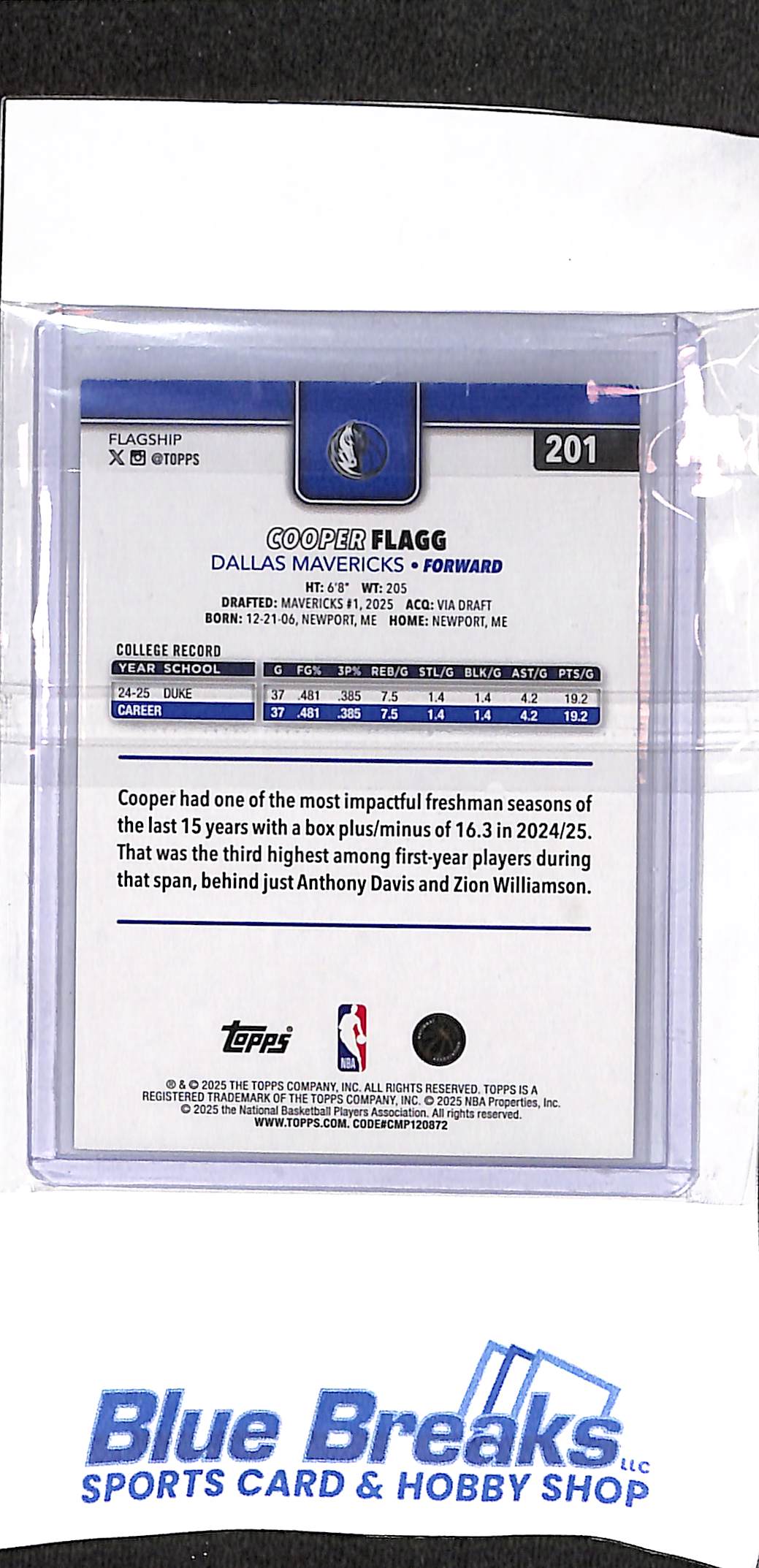 2025 Topps - Flagship - Cooper Flagg - 1/1 - RC - #201 - basketball - Mavericks