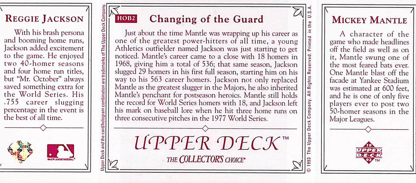 1993 Upper Deck - The Collector's Choice - Changing of the Guard - Reggie Jackson - Mickey Mantle - #HOB2 - baseball - Athletics - Yankees