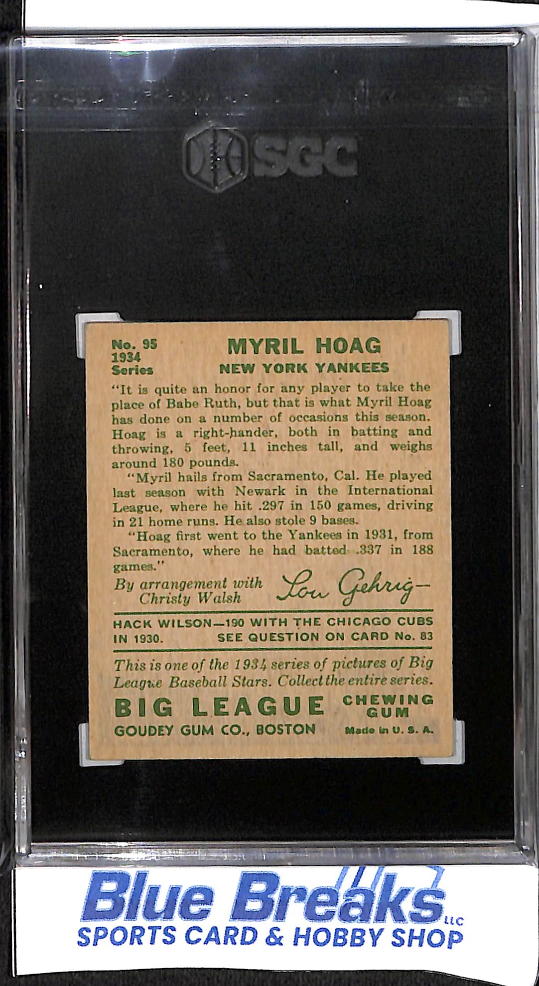 1934 Goudey - Myril Hoag - #95 - SGC 3.5 - baseball - Yankees