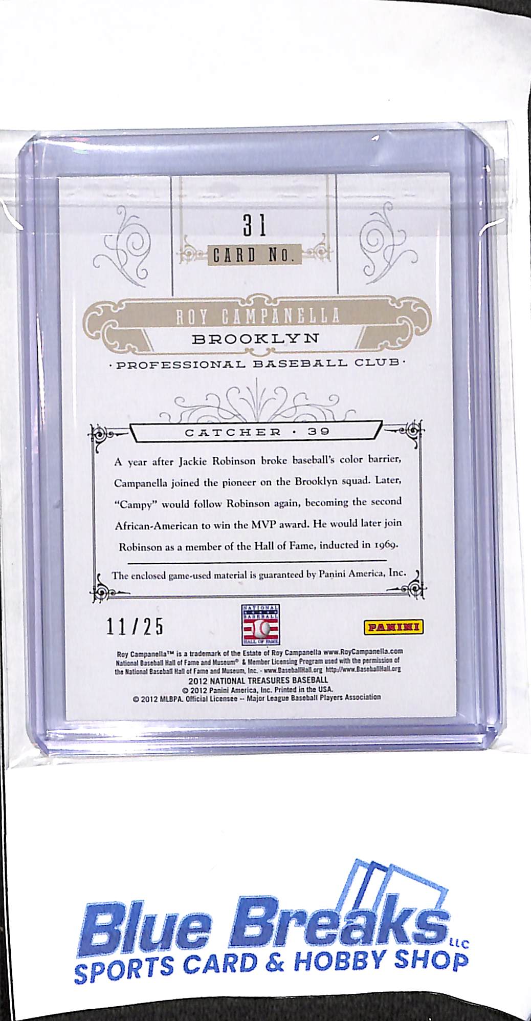 2012 National Treasure - Greatness - Roy Campanella - relic - 11/25 - #31 - baseball - Dodgers