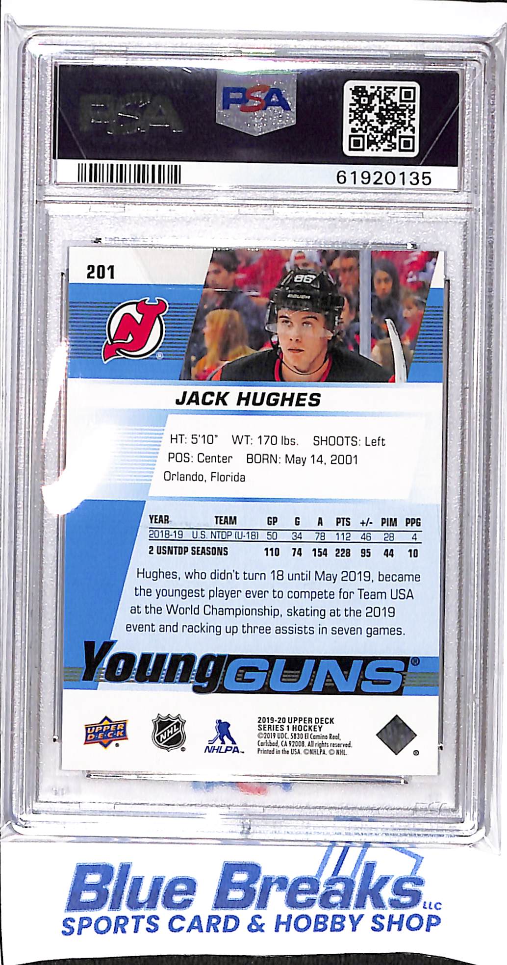 2019 Upper Deck - Young Guns - Jack Hughes - #201 - PSA 10 - hockey - Devils