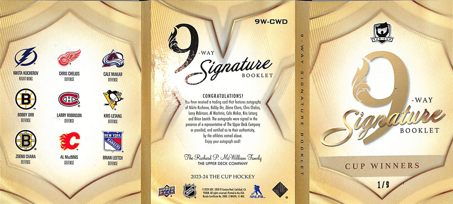 2023-24 - Upper Deck - The Cup - 9 Way Signature Booklet Cup Winners - hockey - Kucherov - Orr - Chara - Chelios - Robinson - MacInnis - Makar - Letang - Leetch - Hockey