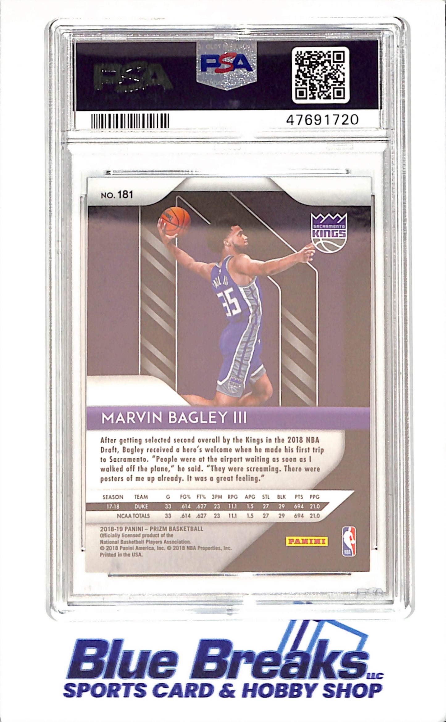 2018 Panini - Prizm - Marvin Bagley III - RC - #181 - PSA 9 - basketball - Kings