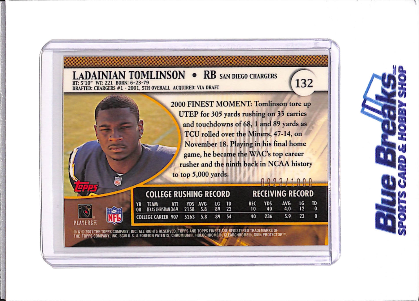 2001 Topps Finest - LaDainian Tomlinson - 0923/1000 - San Diego Chargers - Football - #132 - Gold - Rookie