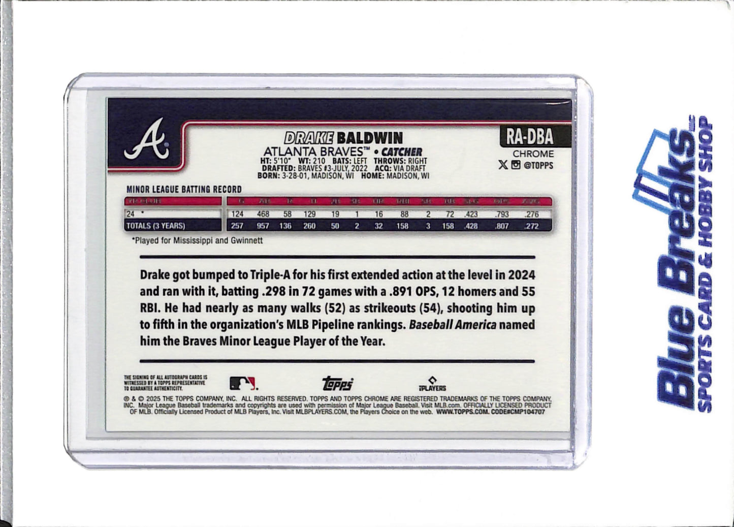 2025 Topps Chrome - Drake Baldwin - Atlanta Braves - Baseball - Auto - Green - 35/99 - Rookie