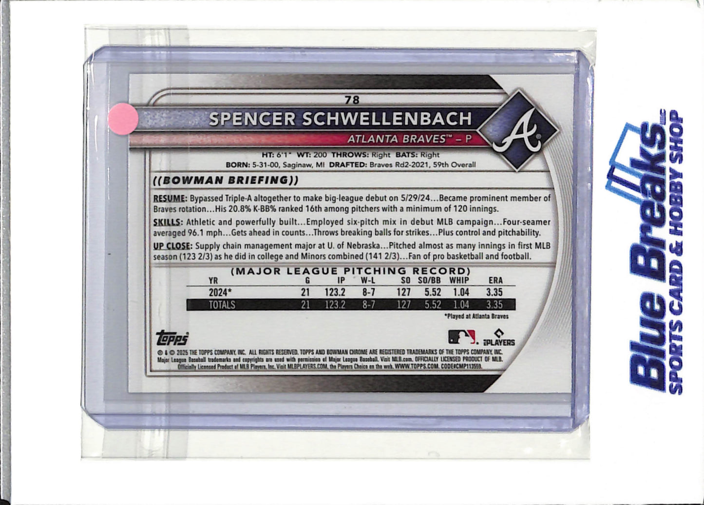 2025 Topps - Spencer Schwellenbach - Atlanta Braves - Baseball - Red Rookie Logo - #78 - Bowman Chrome