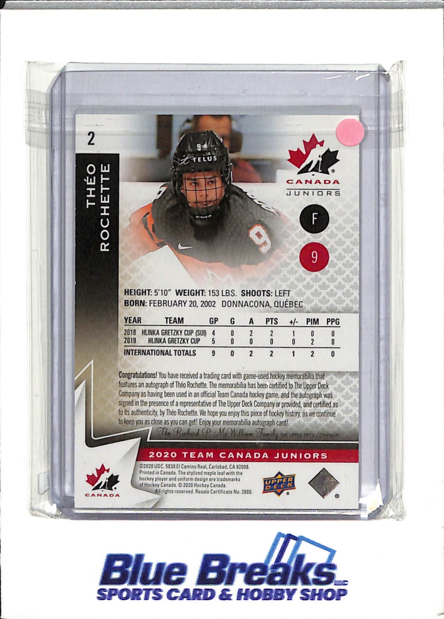 2020 Canada Juniors - Theo Rochette - Team Canada - UPPER DECK - Auto - #F9 - hockey