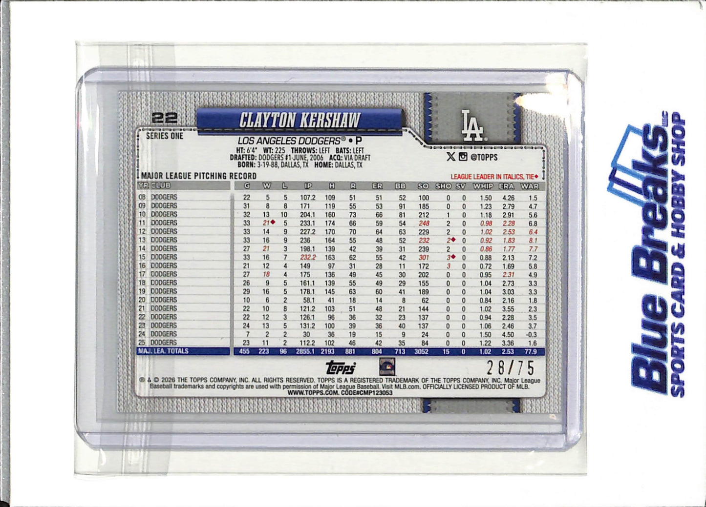 2026 Topps - Clayton Kershaw - Los Angeles Dodgers - Baseball - 75th - Logo - #22 - 28/75