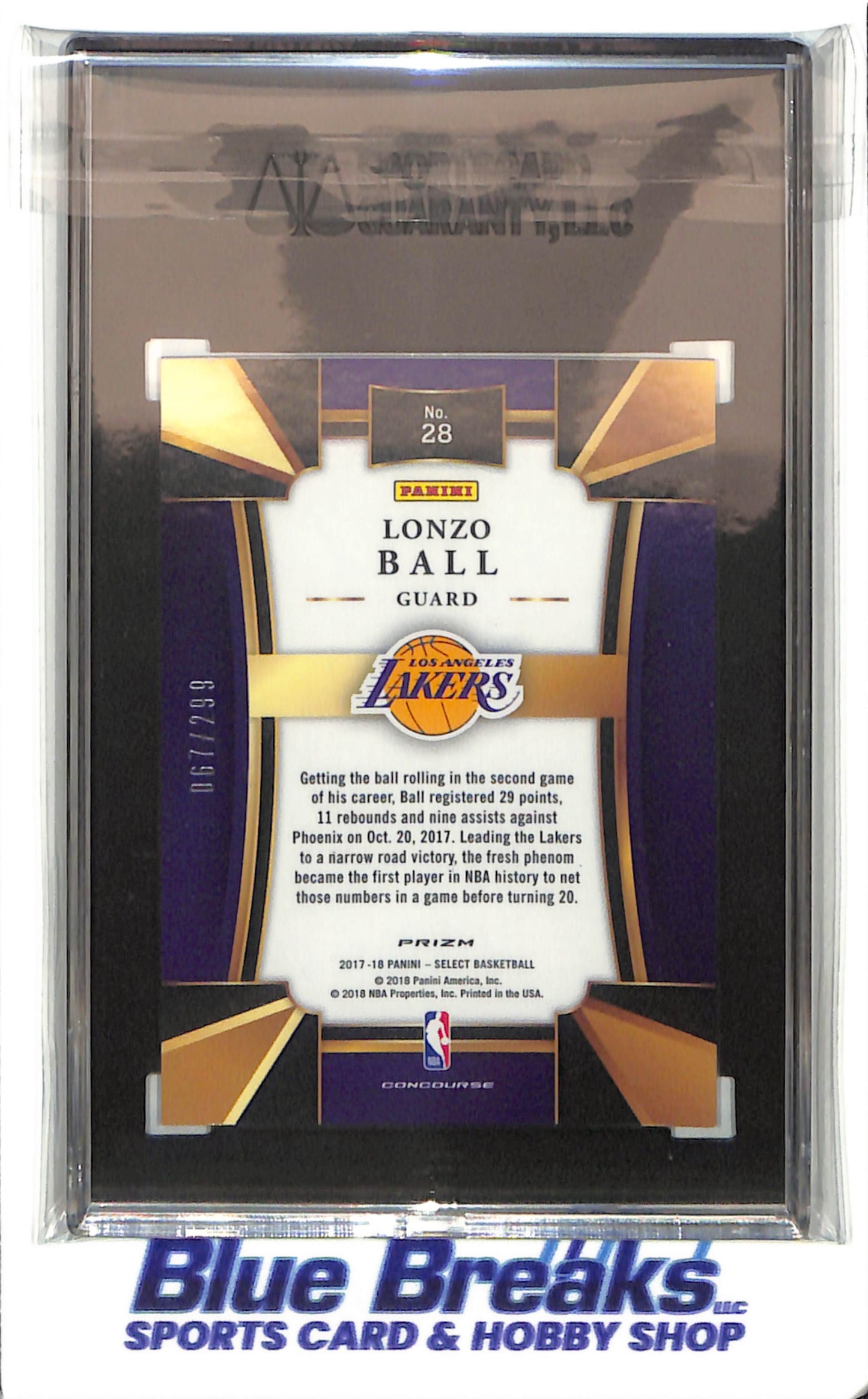 2017-18 Panini - Select - blue prizm - Lonzo Ball - 067/299 - RC - #28 - SGC 9.5 - basketball - Lakers