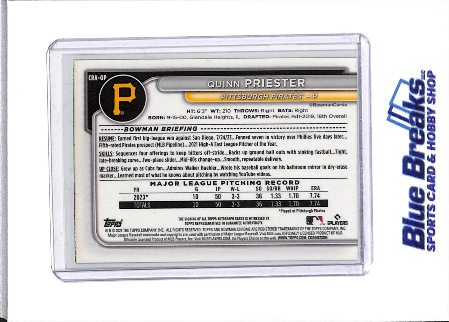 2024 Bowman Chrome - green refractor - Quinn Priester - auto - 86/99 - RC - #CRA-QP - baseball - Pirates