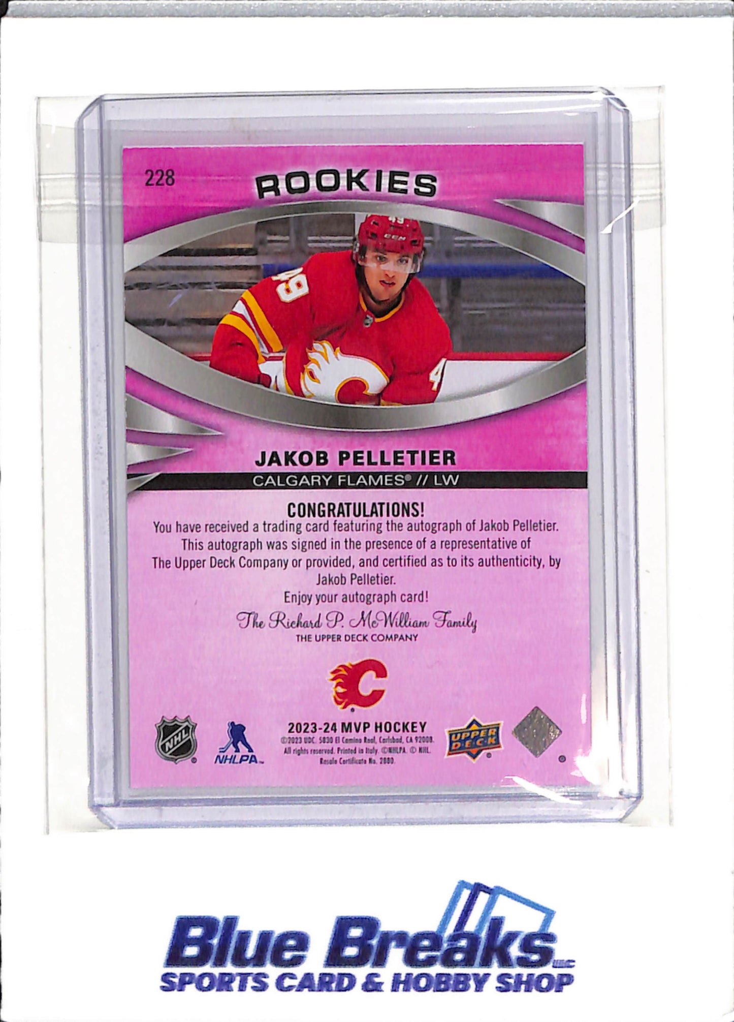 2023-24 Upper Deck - MVP - Rookies - pink - Jakob Pelletier - auto - #228 - hockey - Flames - drop