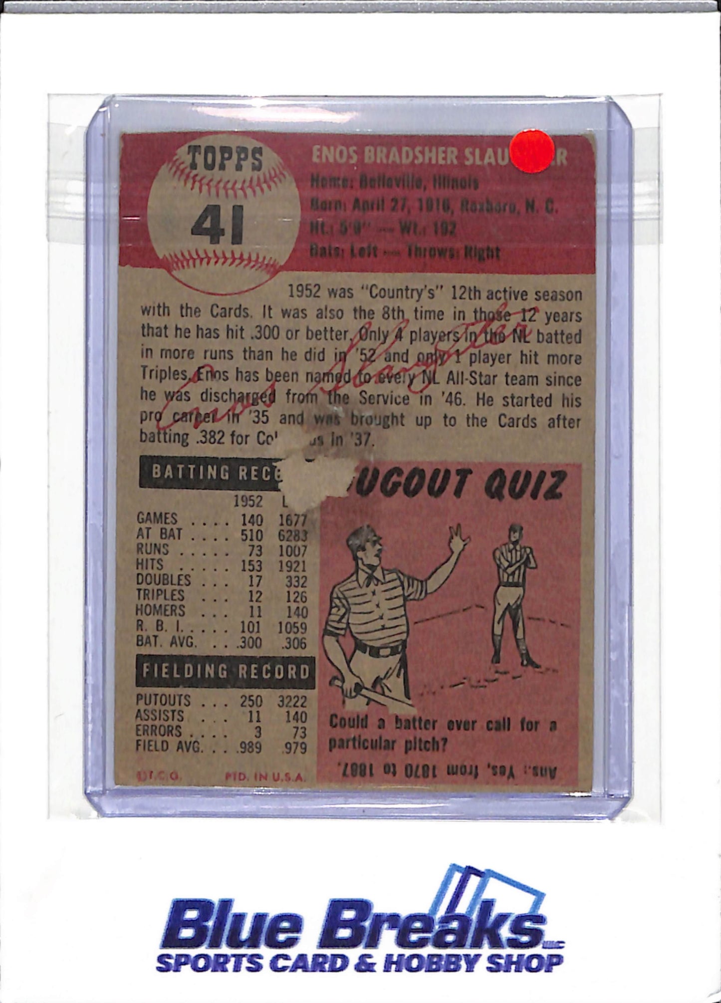 1952 Topps - Enos Slaughter - #41 - baseball - Cardinals