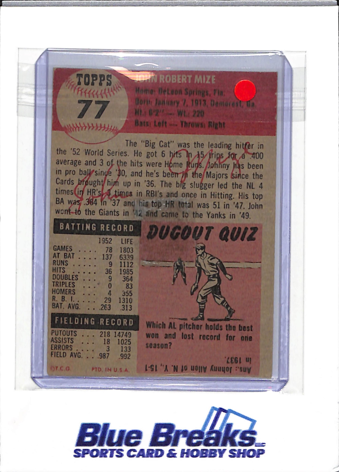 1953 Topps - John Mize - #77 - baseball - Yankees