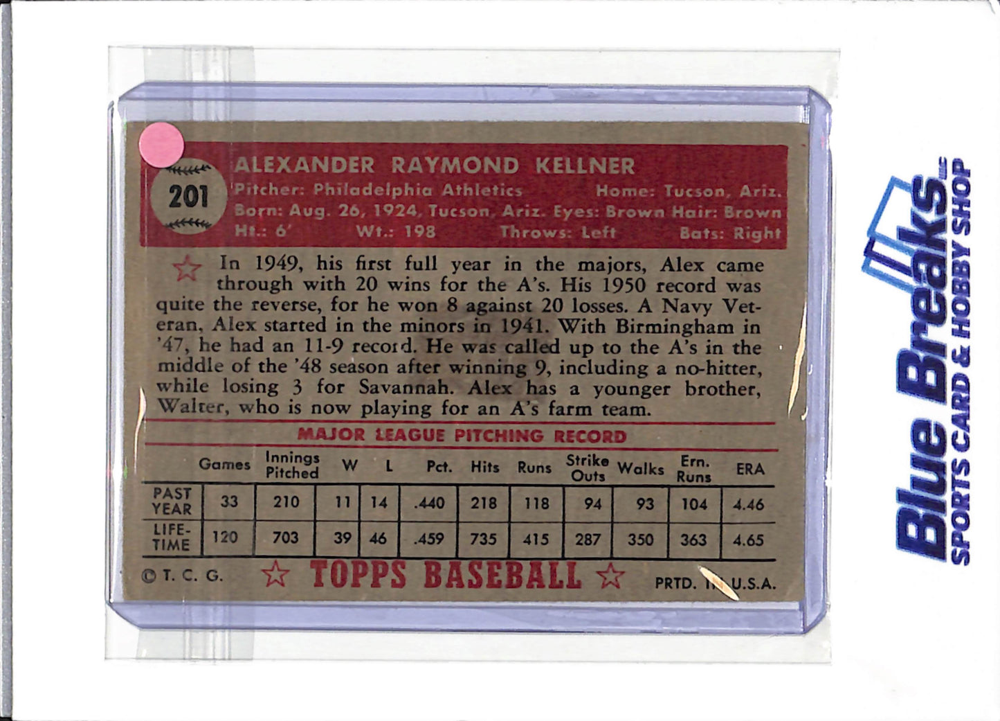 1952 Topps - Alex Kellner - #201 - baseball - Athletics