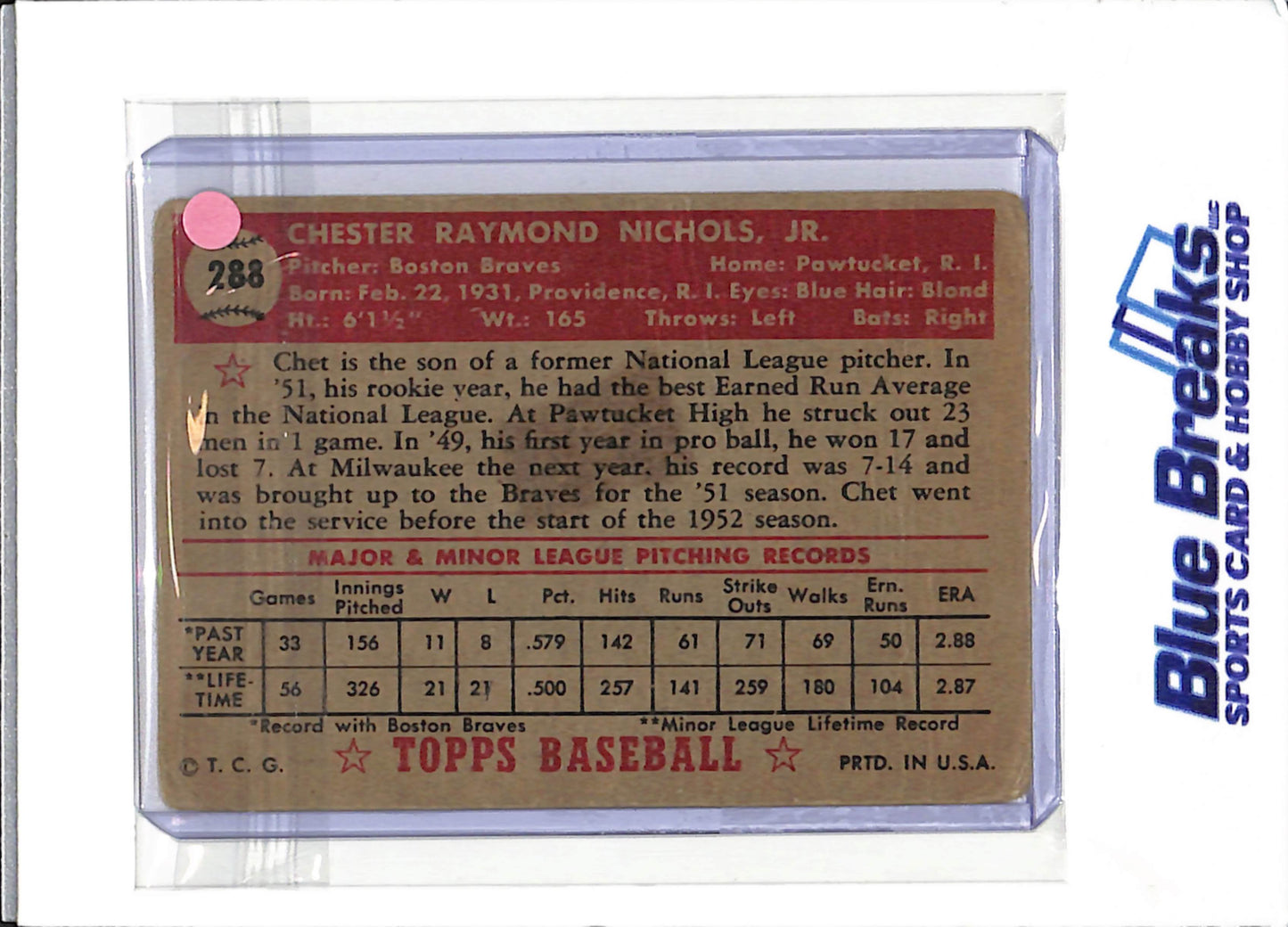1952 Topps - Chet Nichols - #288 - baseball - Braves