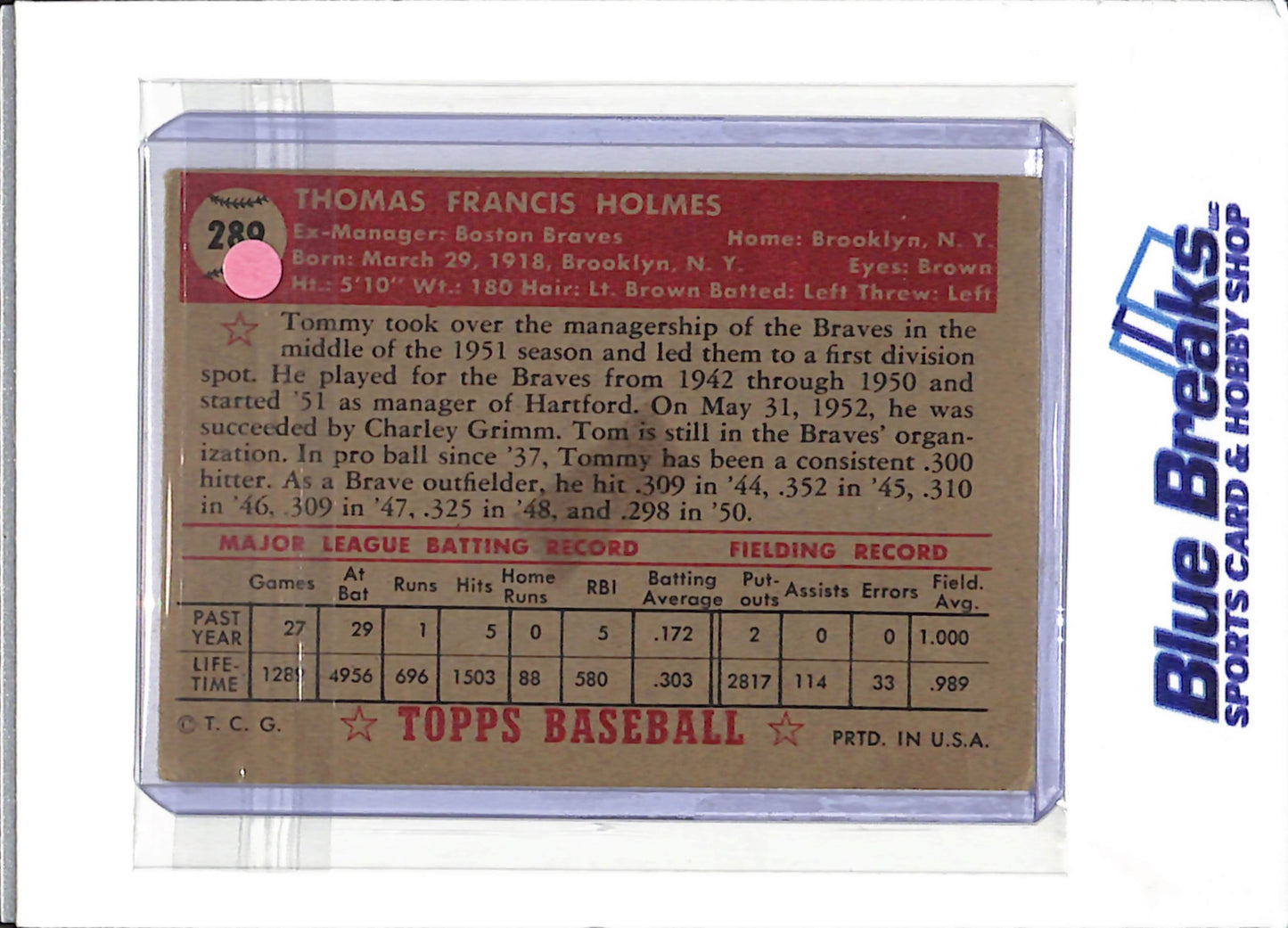 1952 Topps - Tommy Holmes - #280 - baseball - Braves