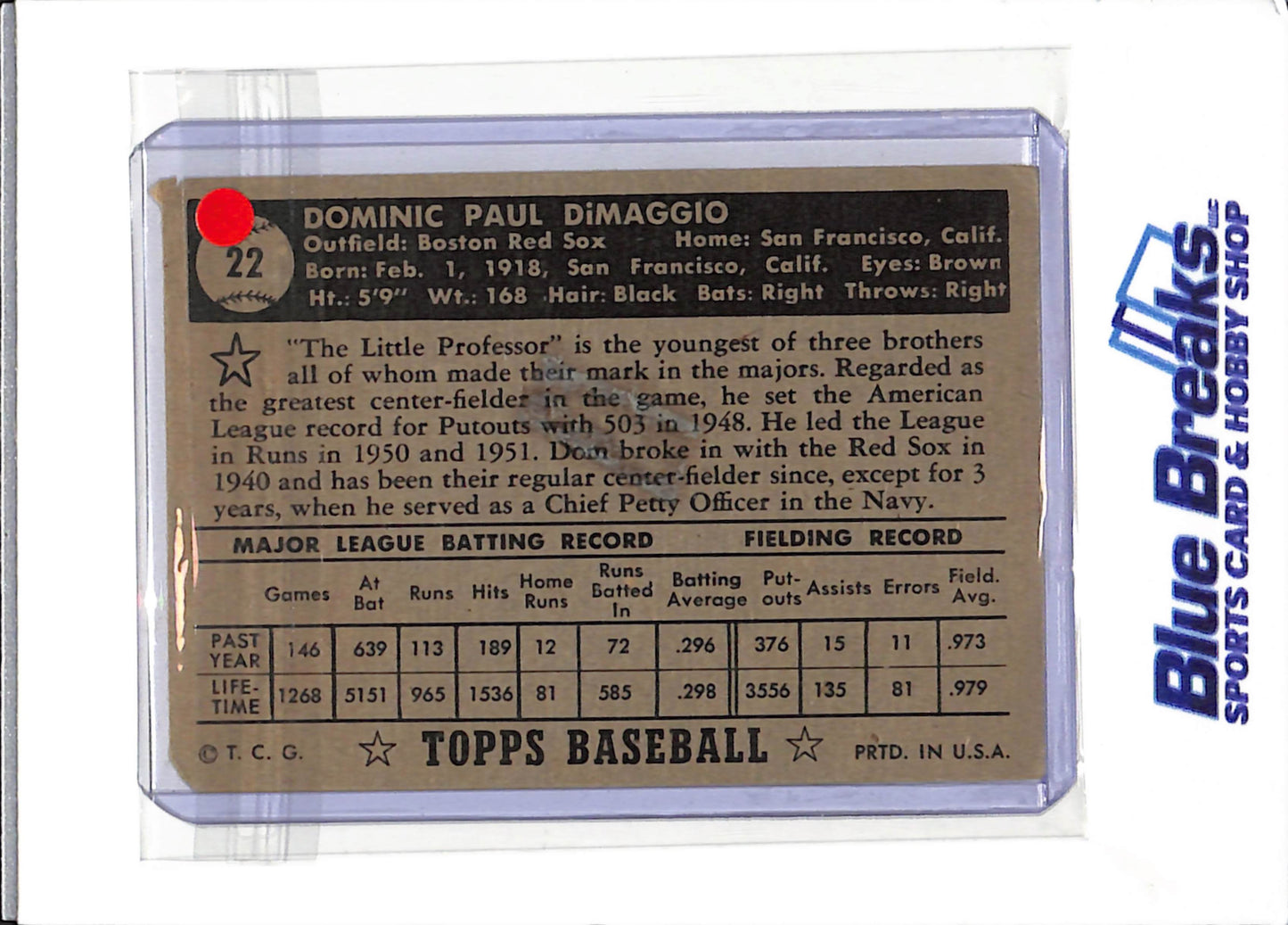 1952 Topps - black back - Dom DiMaggio - #22 - baseball - Red Sox