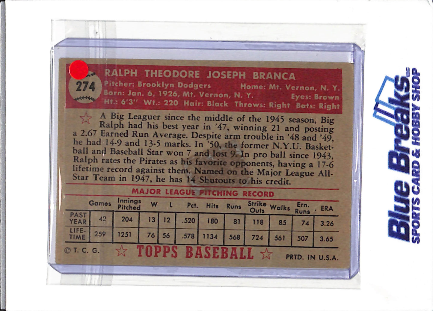 1952 Topps - Ralph Branca - #274 - baseball - Dodgers