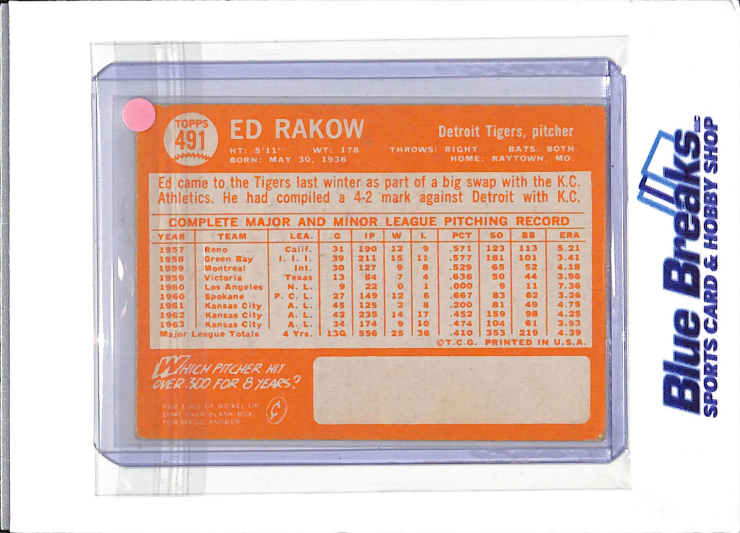 1964 Topps - Ed Rakow - #491 - baseball - Tigers