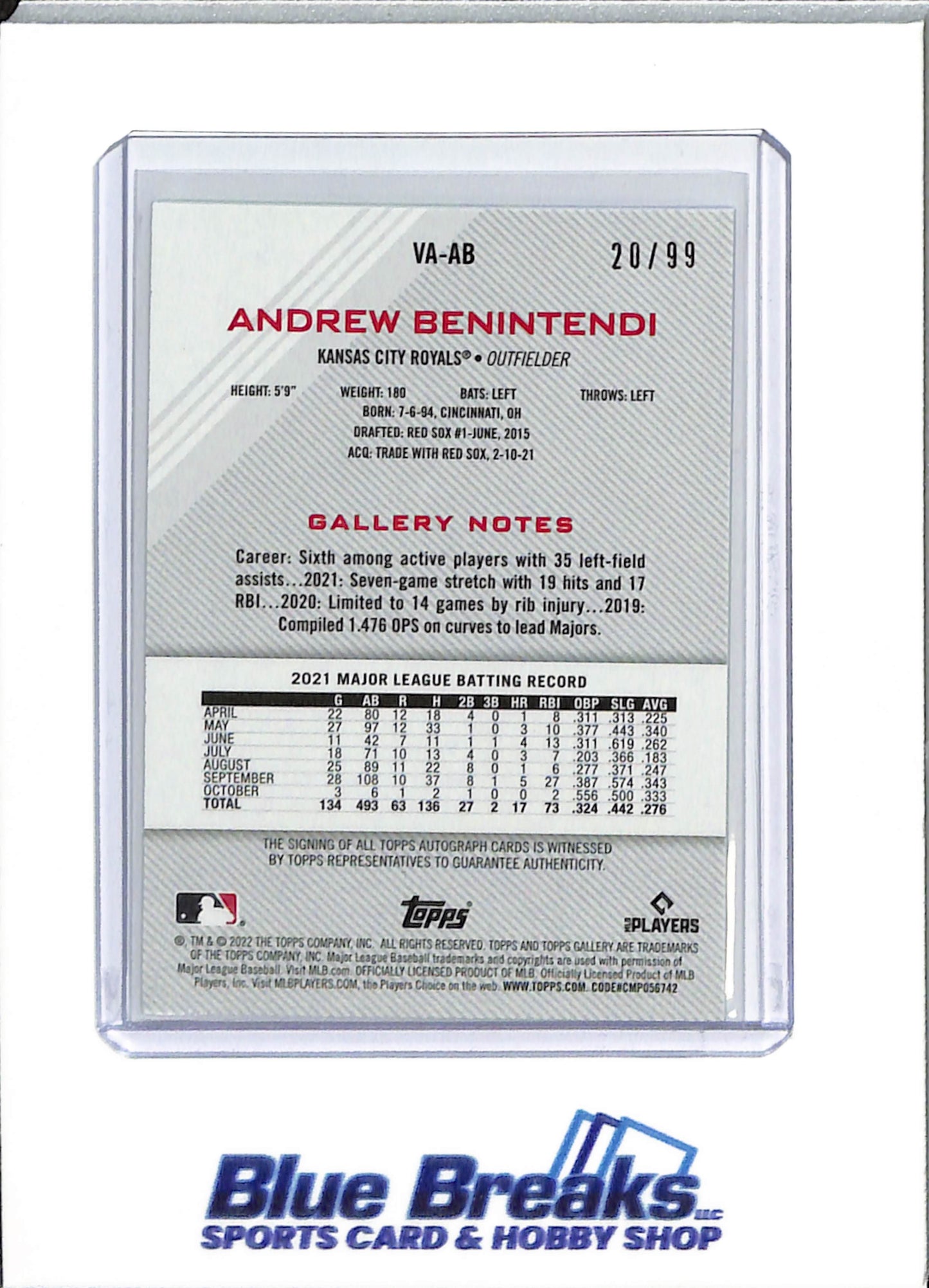 2022 Topps - Gallery - green - Andrew Benintendi - auto - 20/99 - #VA-AB - baseball - Royals