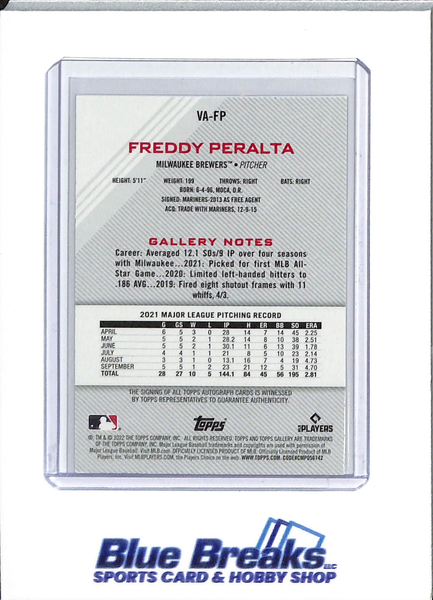 2022 Topps - Gallery - Freddy Peralta - auto - #VA-FP - baseball - Brewers