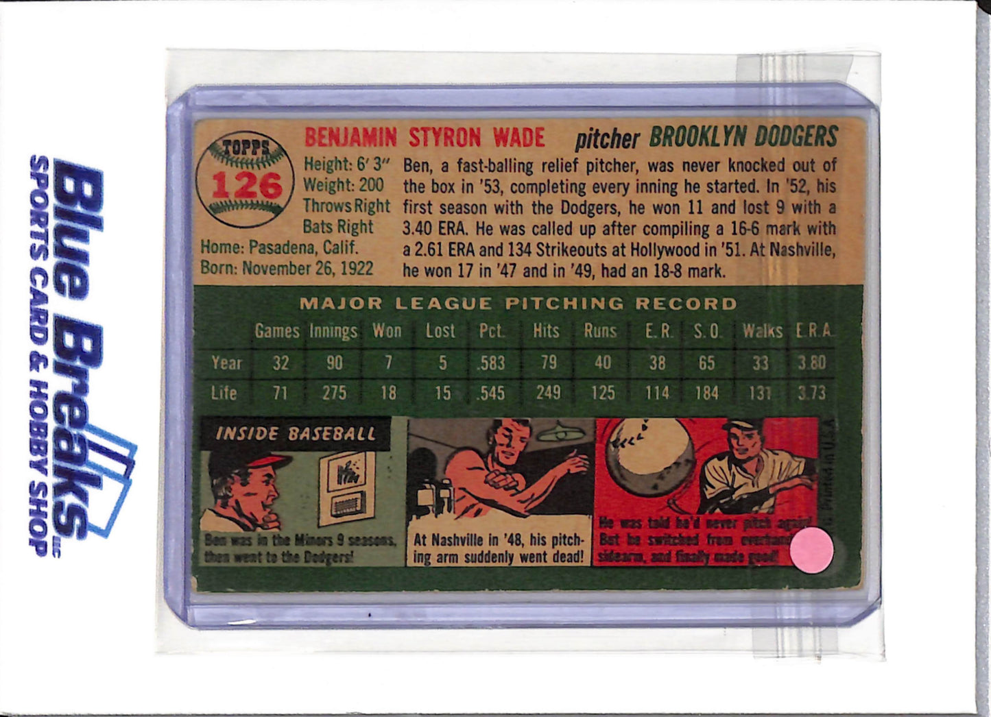 1954 Topps - Ben Wade - #126 - baseball - Dodgers