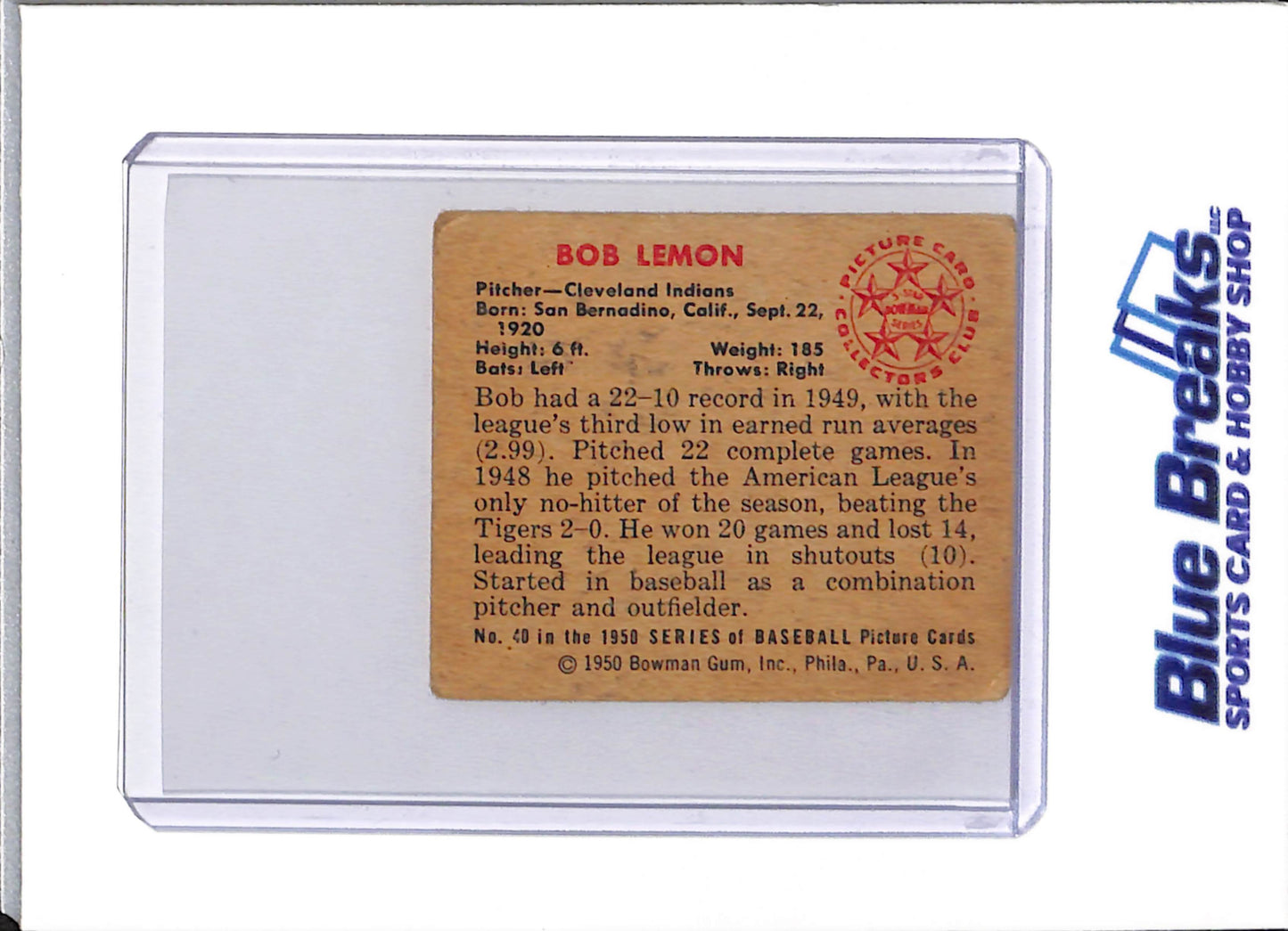 1950 Bowman - Bob Lemon - #40 - baseball - Indians/Guardians - drop