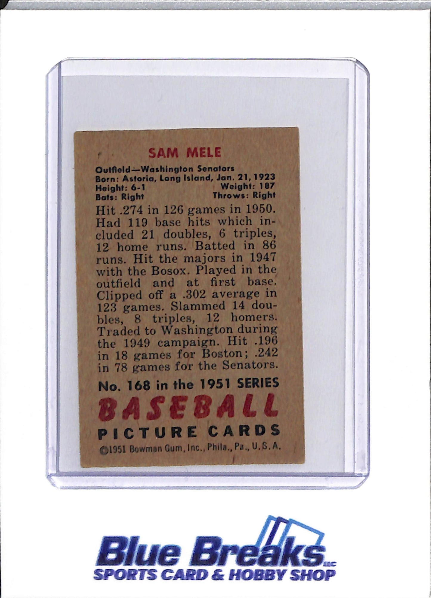 1951 Bowman - Sam Mele - #168 - baseball - Senators/Twin - drop