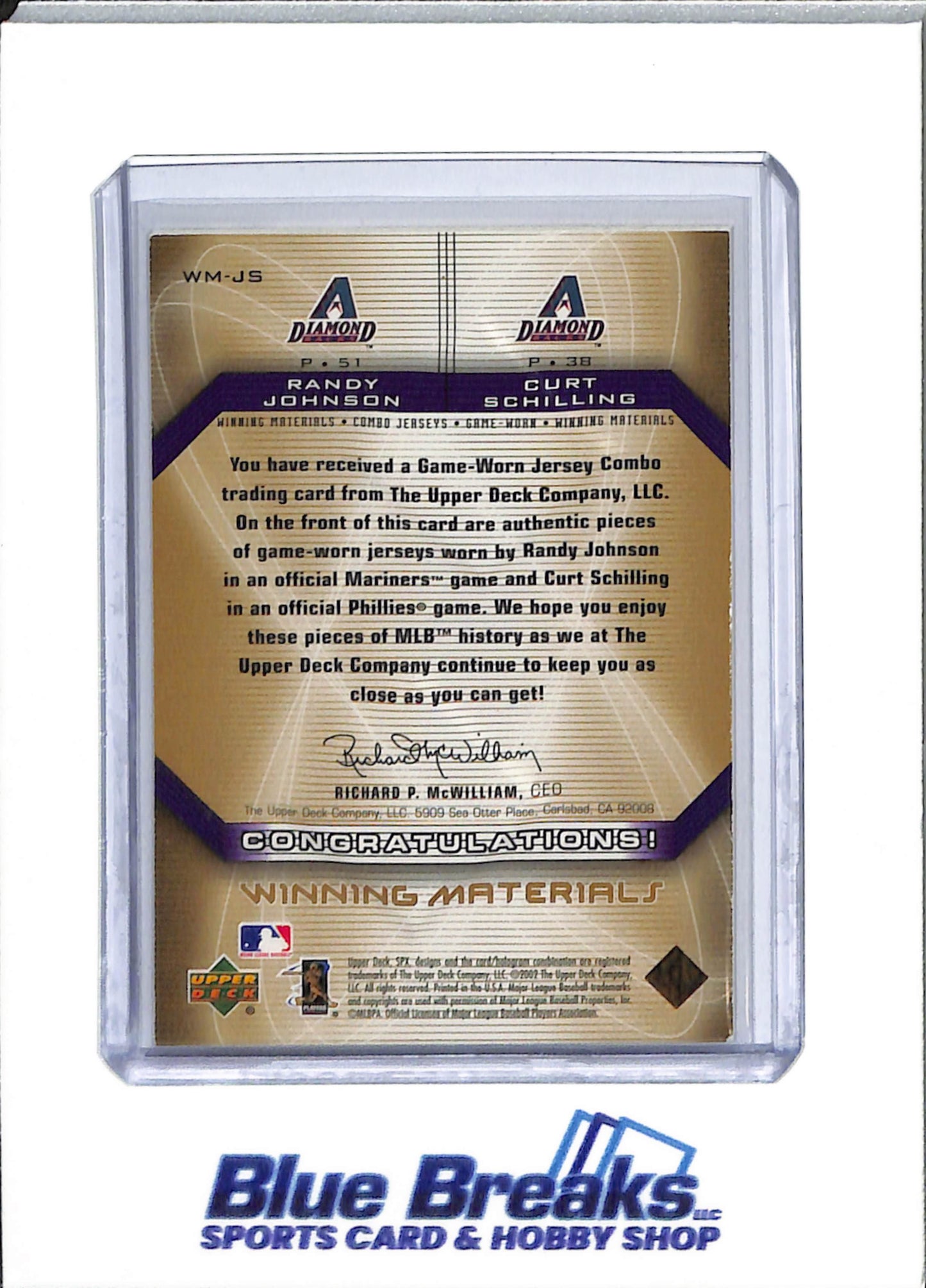 2002 Upper Deck - SPX - Winning Materials - Randy Johnson - Curt Schilling - dual relic - #WM-JS - baseball - Diamondbacks - drop
