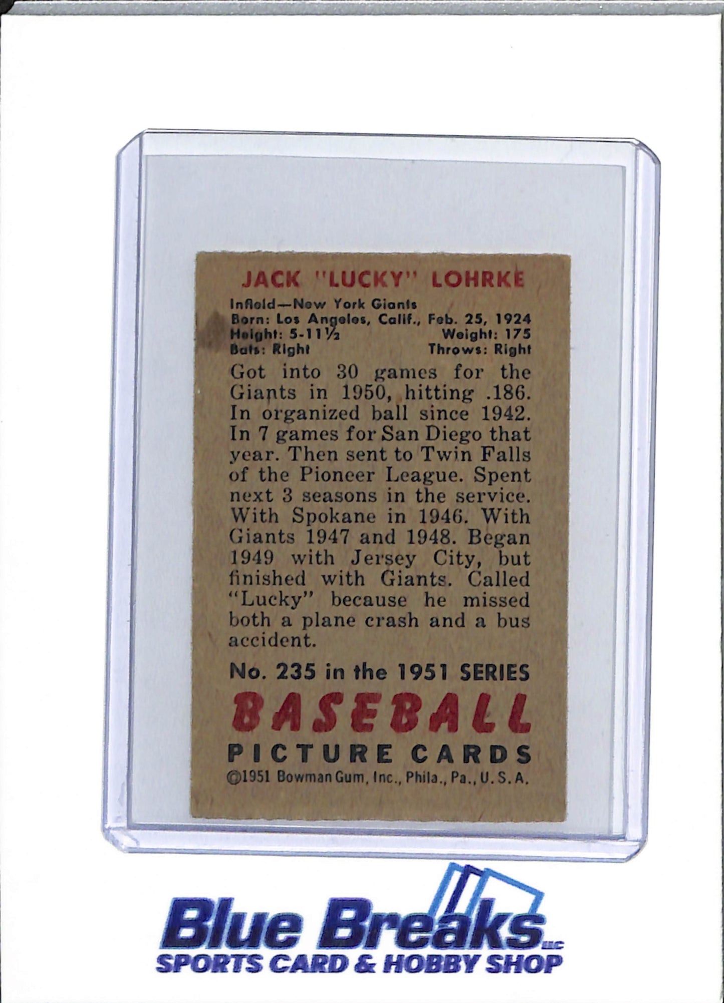 1951 Topps - Jack "Lucky" Lohrke - #235 - baseball - Giants