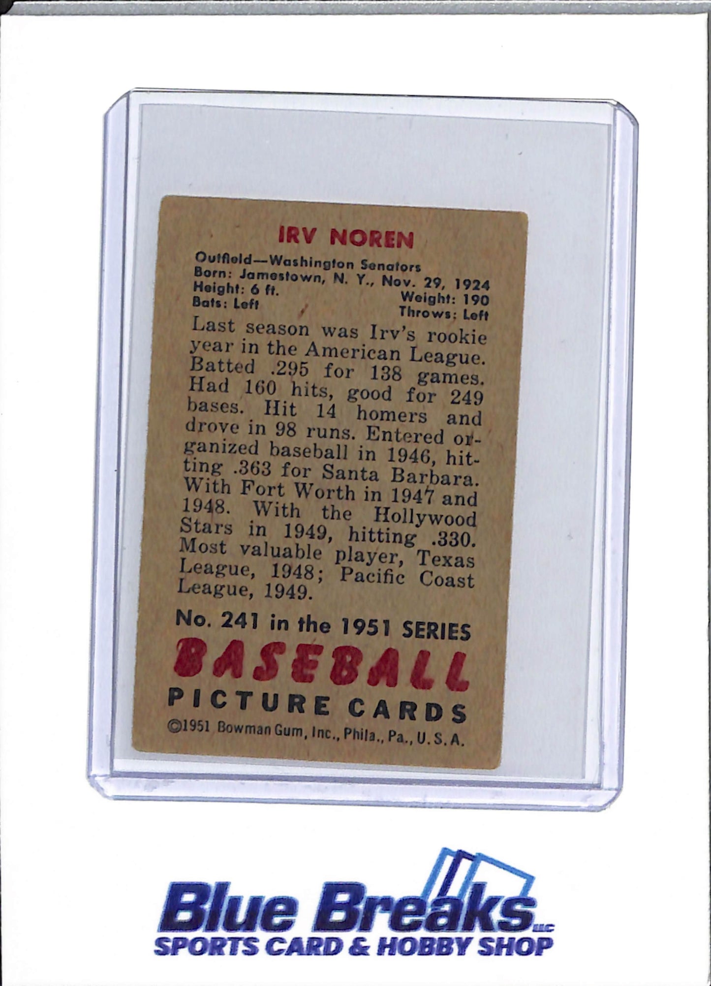 1951 Bowman - Irv Noren - #241 - baseball - Senators/Twins