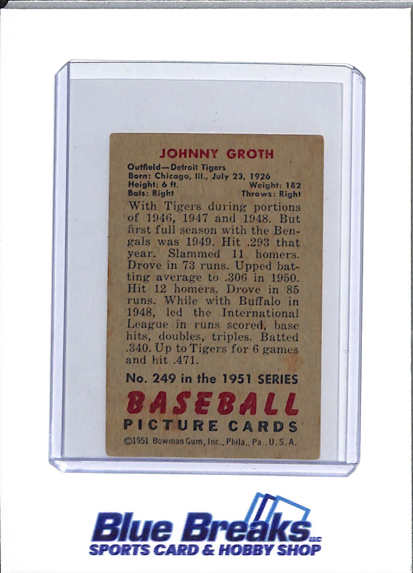 1951 Bowman - Johnny Groth - #249 - baseball - Tigers
