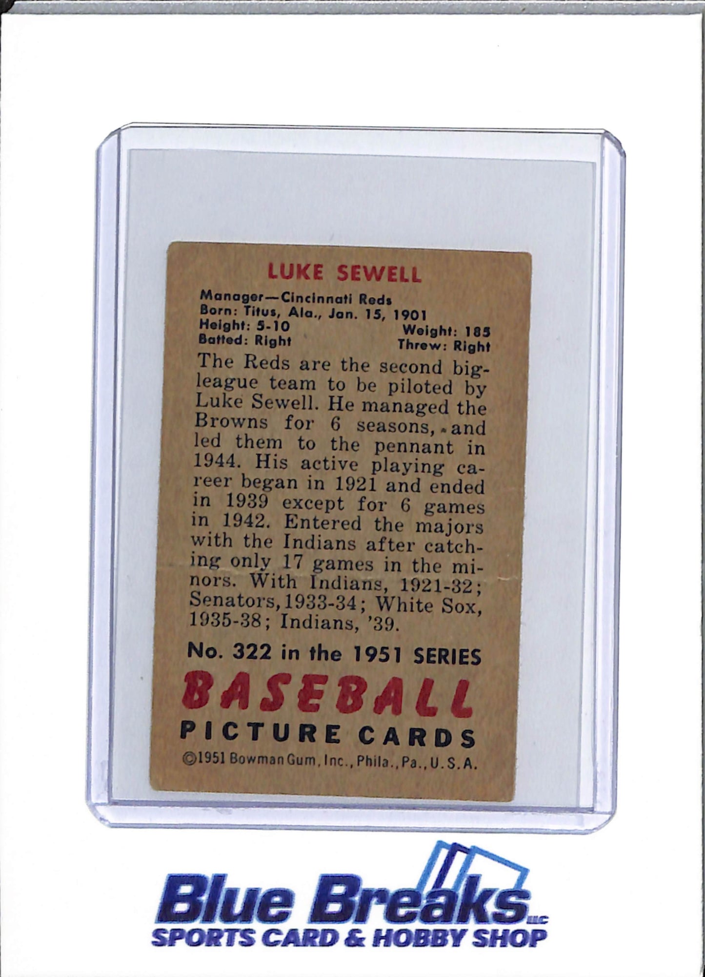 1951 Bowman - Luke Sewell - #322 - baseball - Reds
