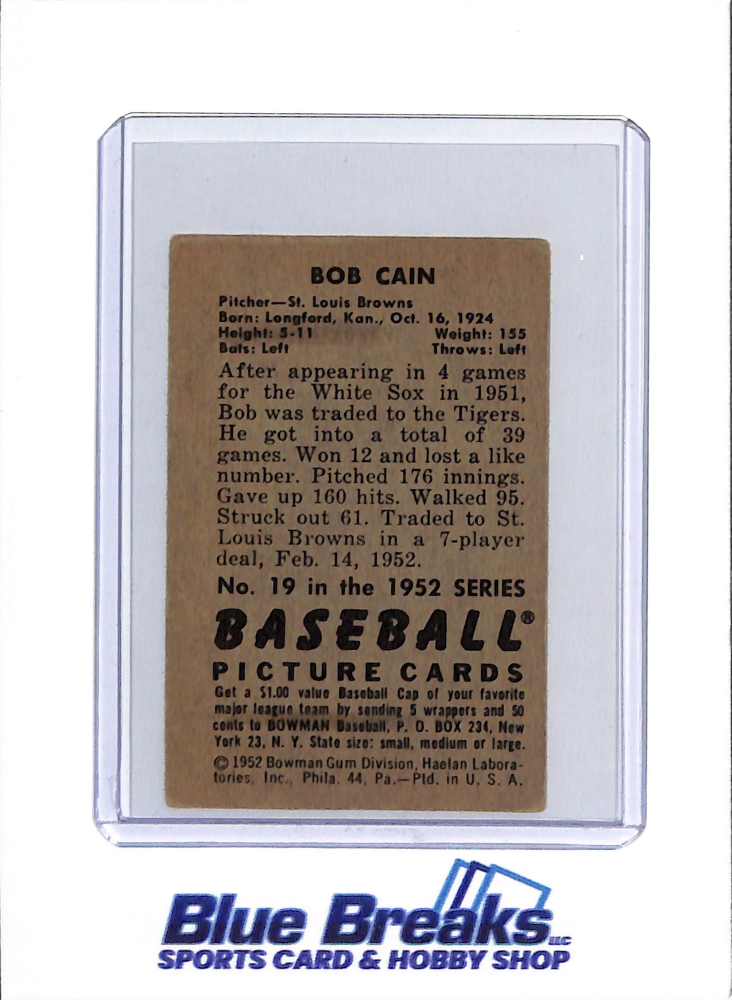 1952 Bowman - Bob Cain - #19 - baseball - Browns/Orioles