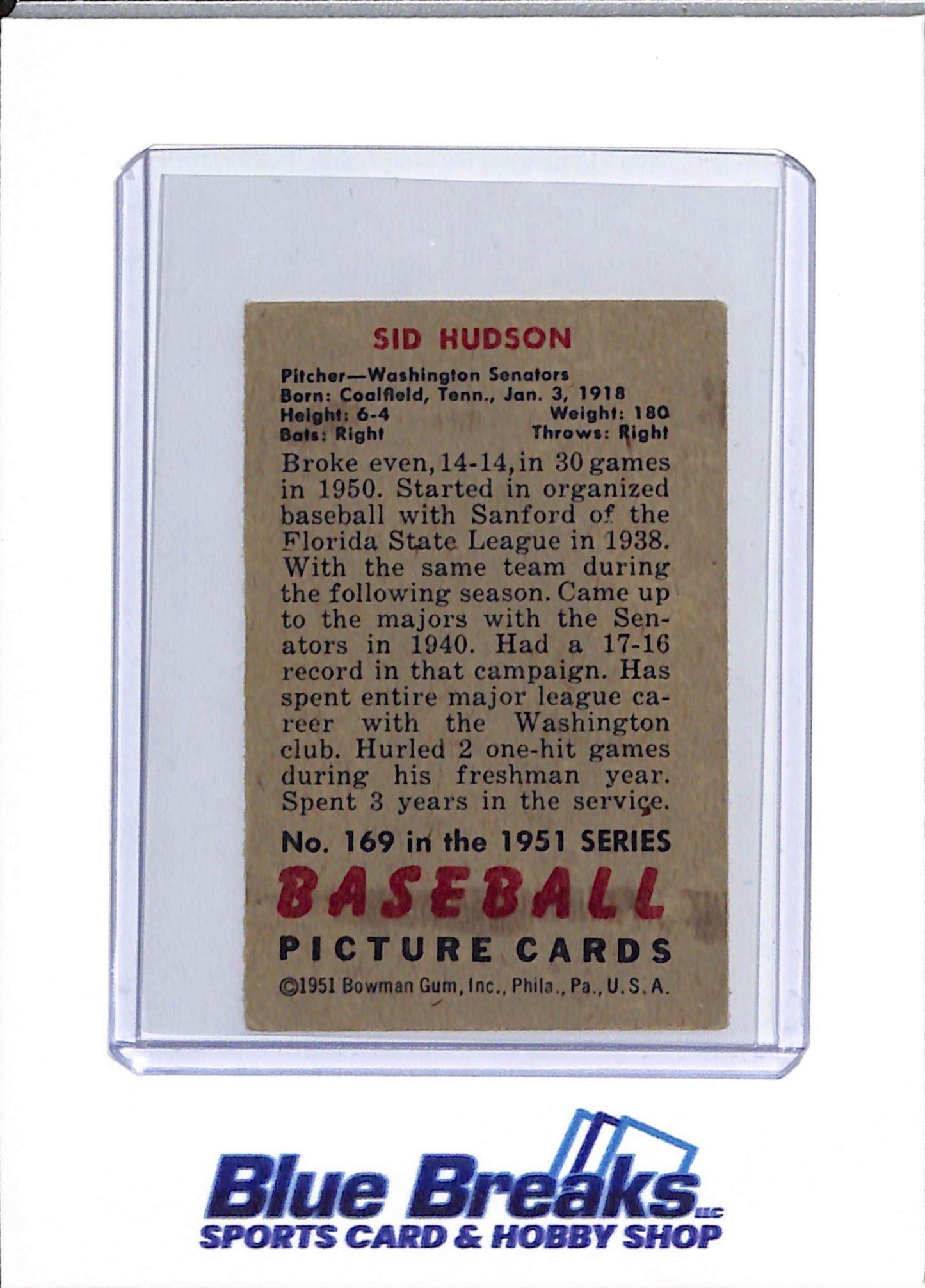 1951 Bowman - Sid Hudson - #169 - baseball - Senators/Twins