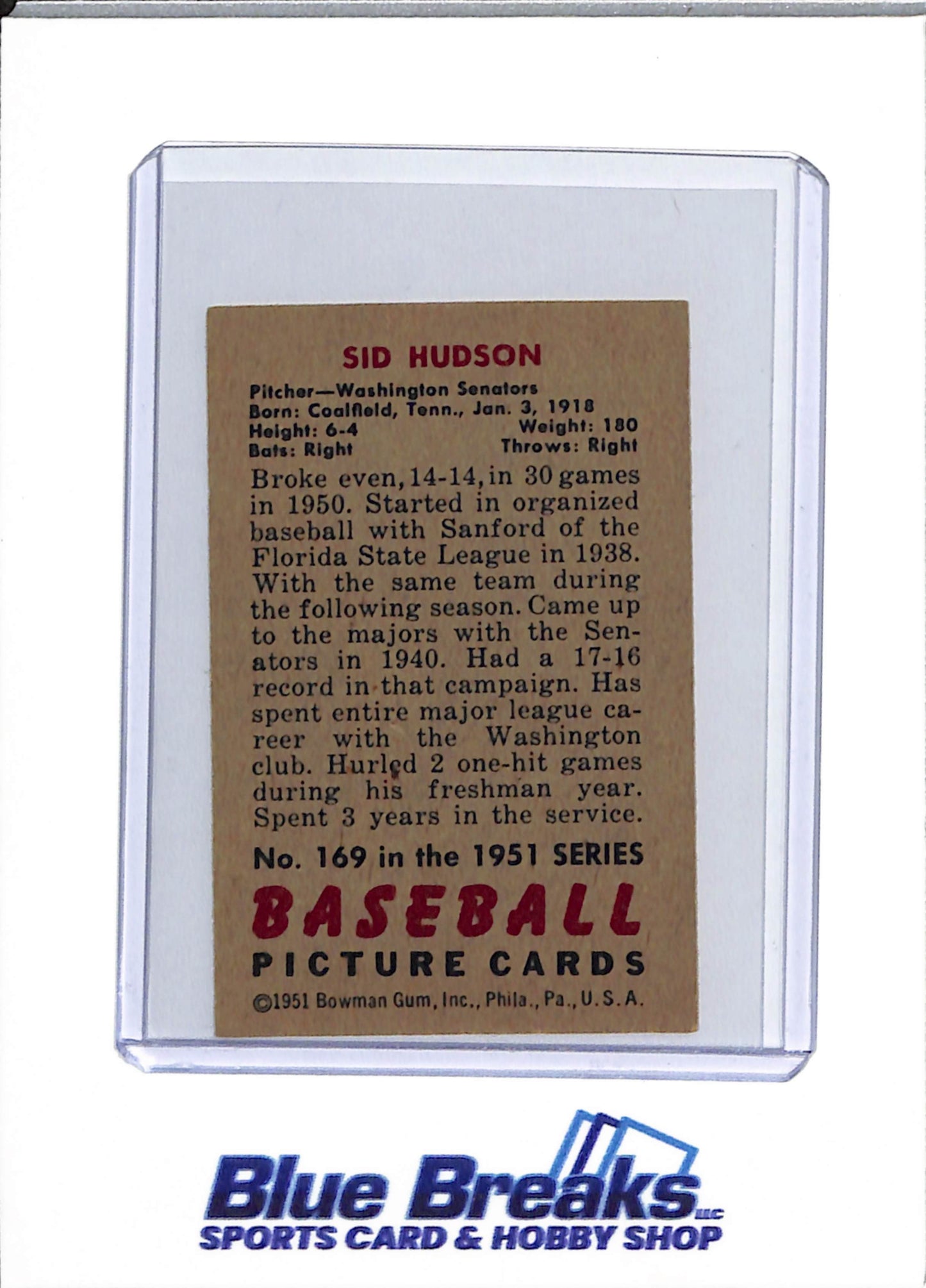 1951 Bowman - Sid Hudson - #169 - baseball - Senators/Twins