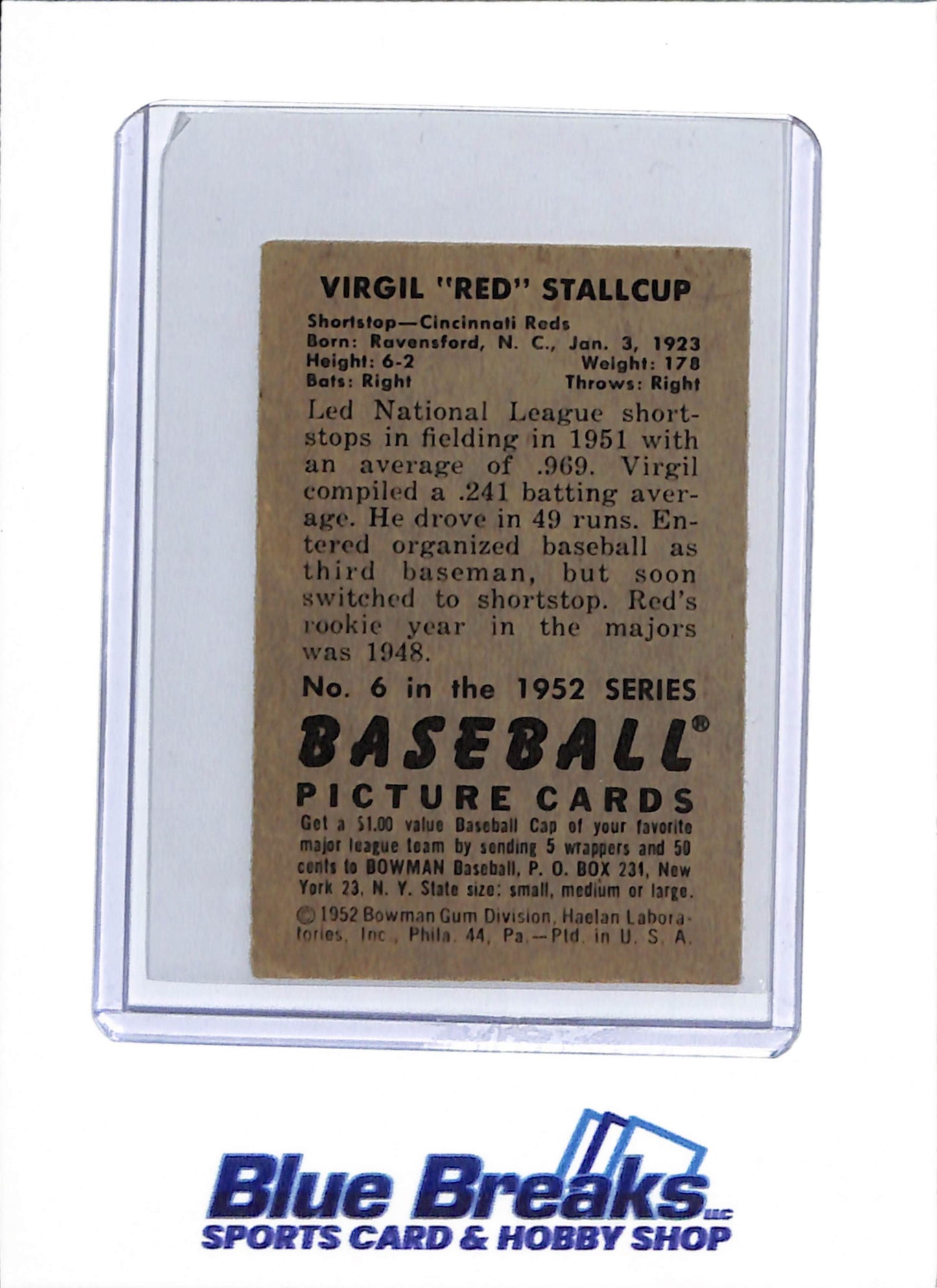 1952 Bowman - Virgil "Red" Stallcup - #6 - baseball - Reds