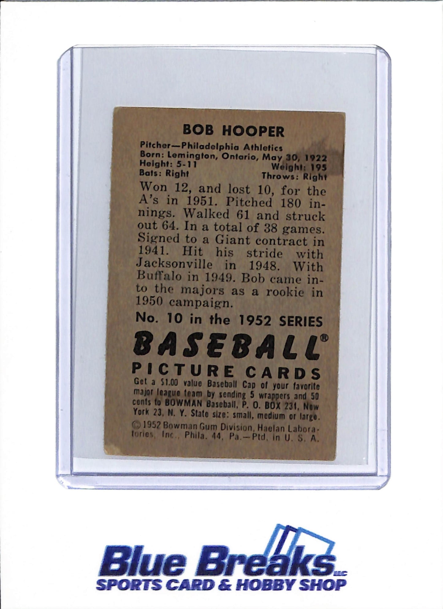 1952 Bowman - Bob Hooper - #10 - baseball - Athletics