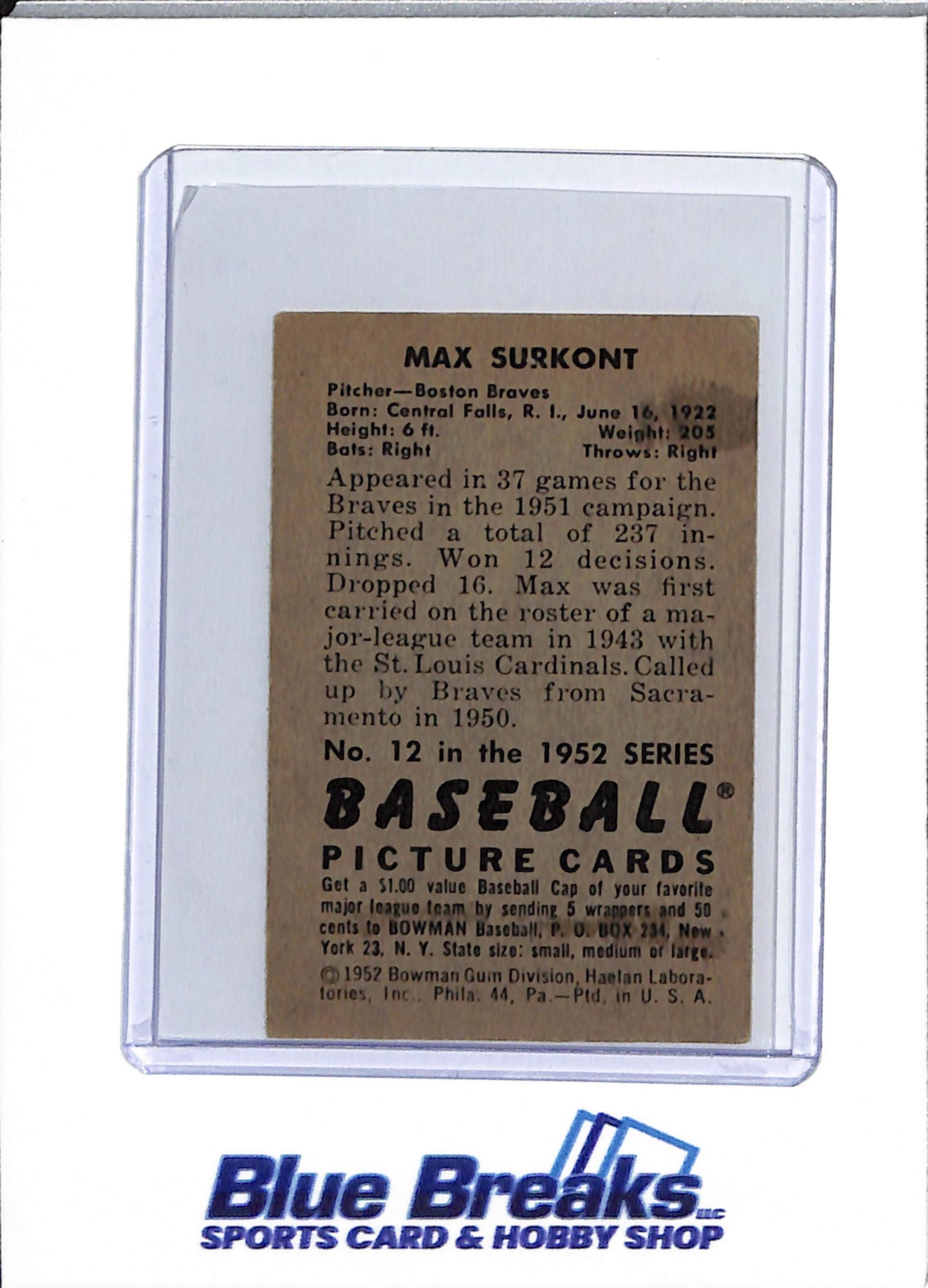 1952 Bowman - Max Surkont - #12 - baseball - Braves