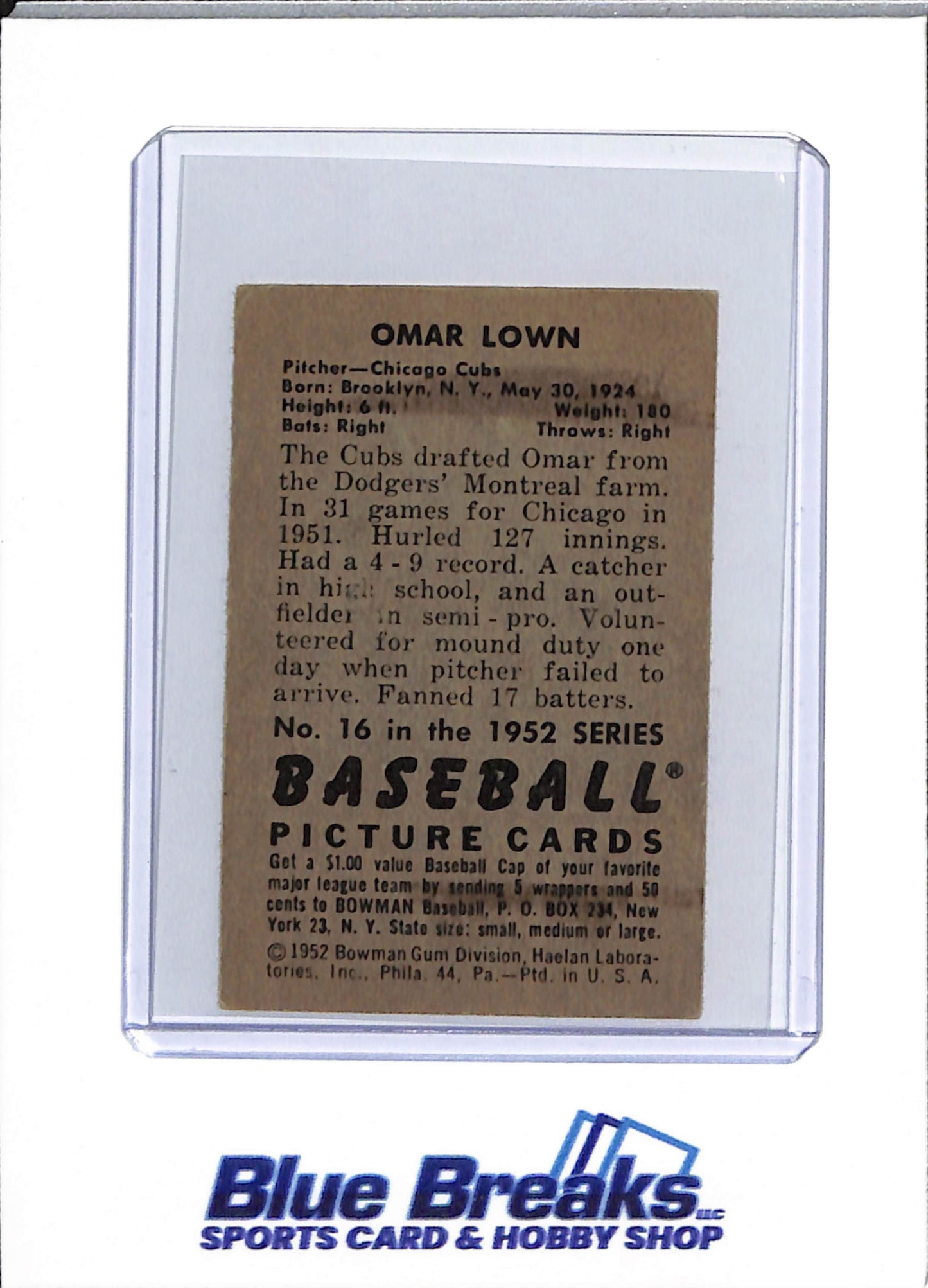 1952 Bowman - Omar Lown - #16 - baseball - Cubs