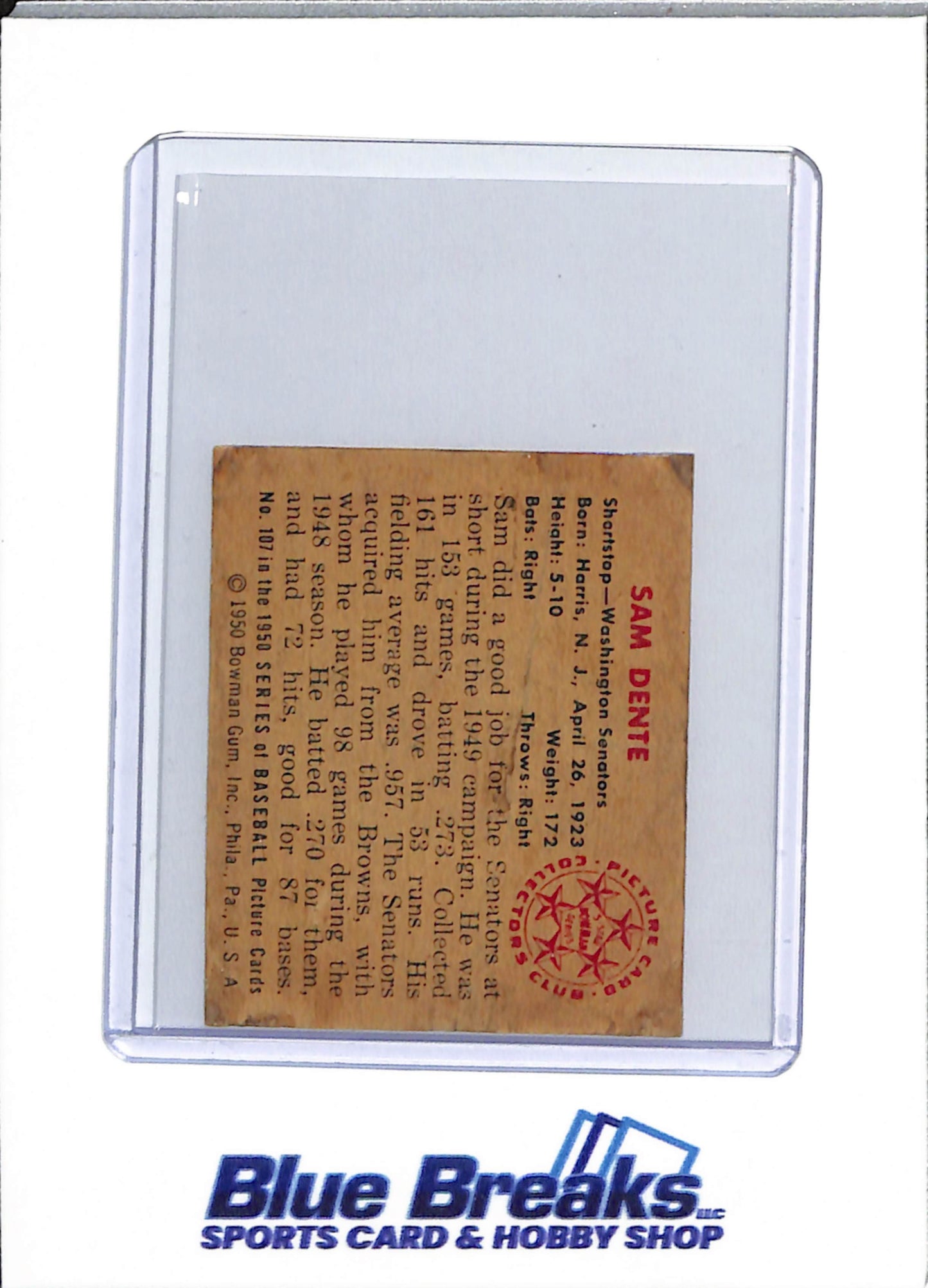 1950 Bowman - Sam Dente - #107 - baseball - Senators/Twins