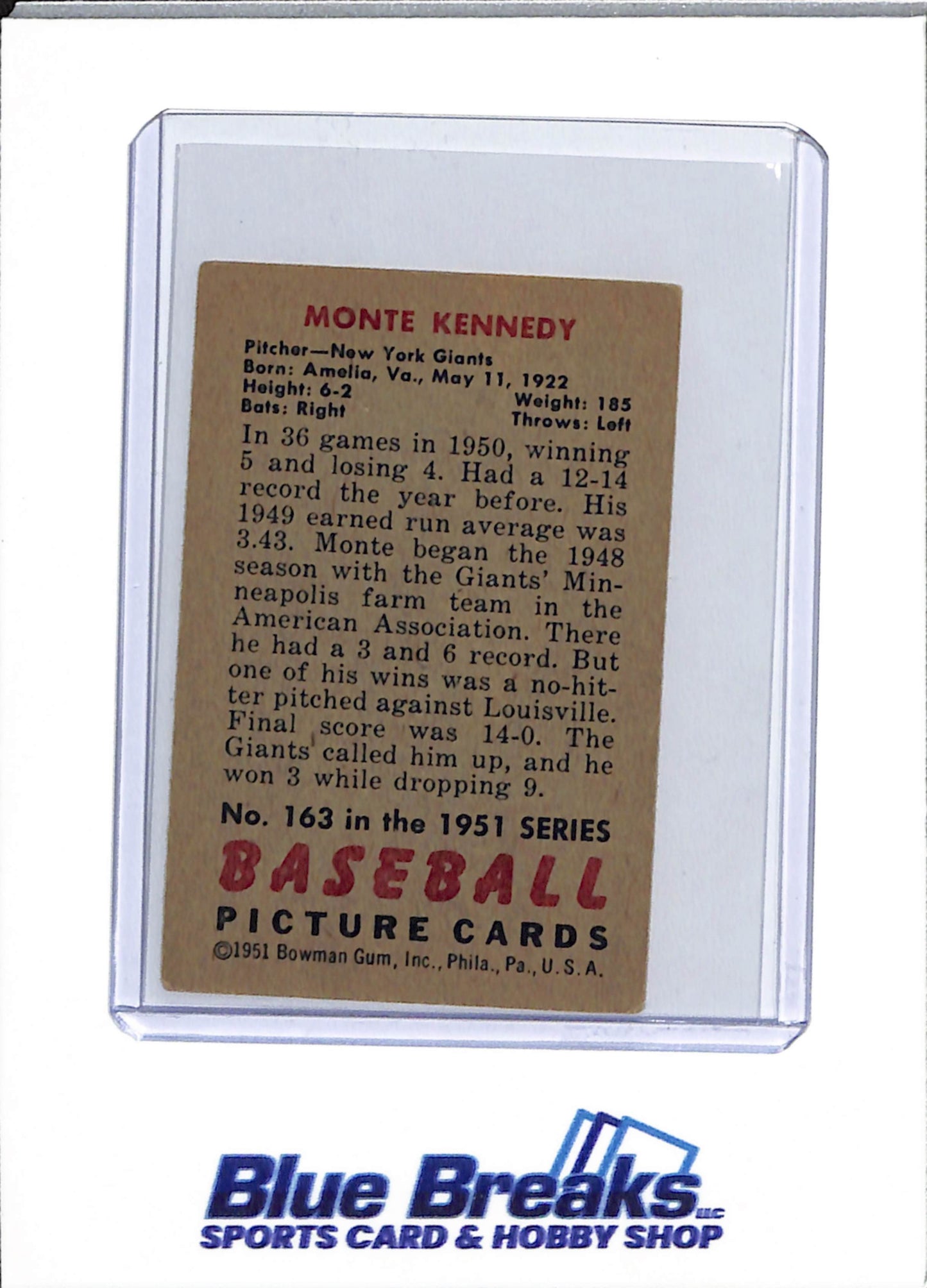 1951 Bowman - Monte Kennedy - #163 - baseball - Giants