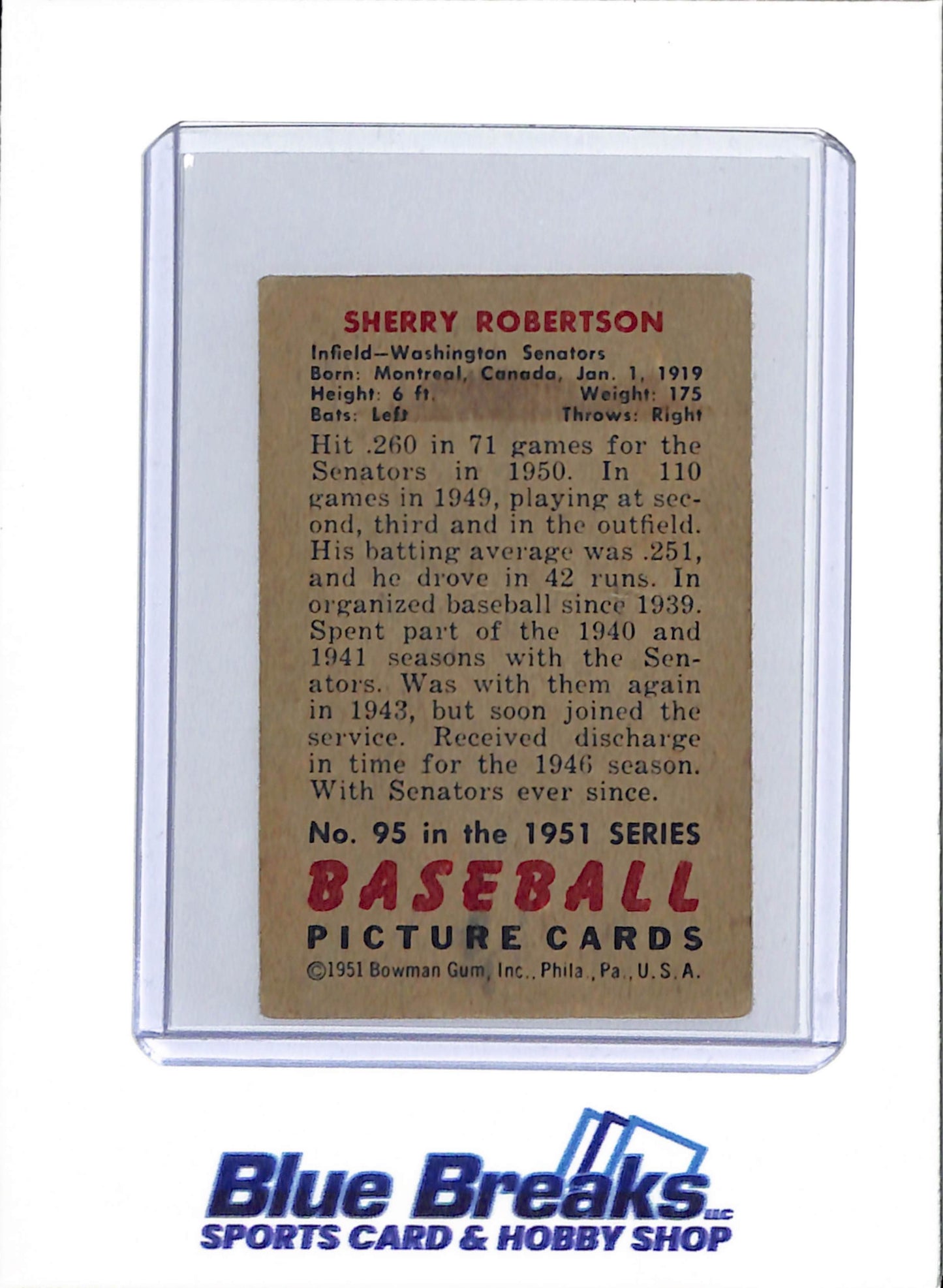 1951 Bowman - Sherry Robertson - #95 - baseball - Senators/Twins