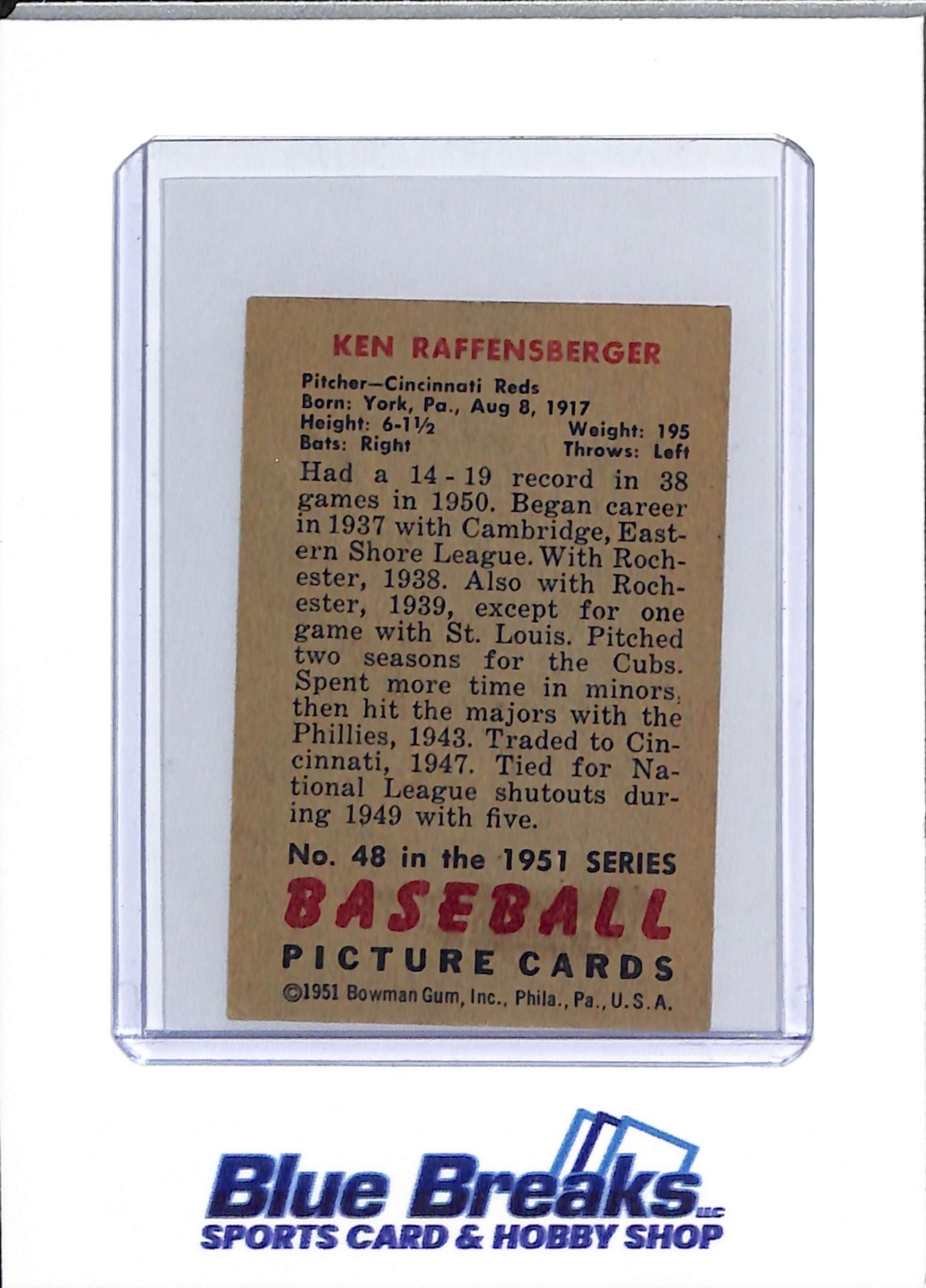 1951 Bowman - Ken Raffensberger - #48 - baseball - Reds