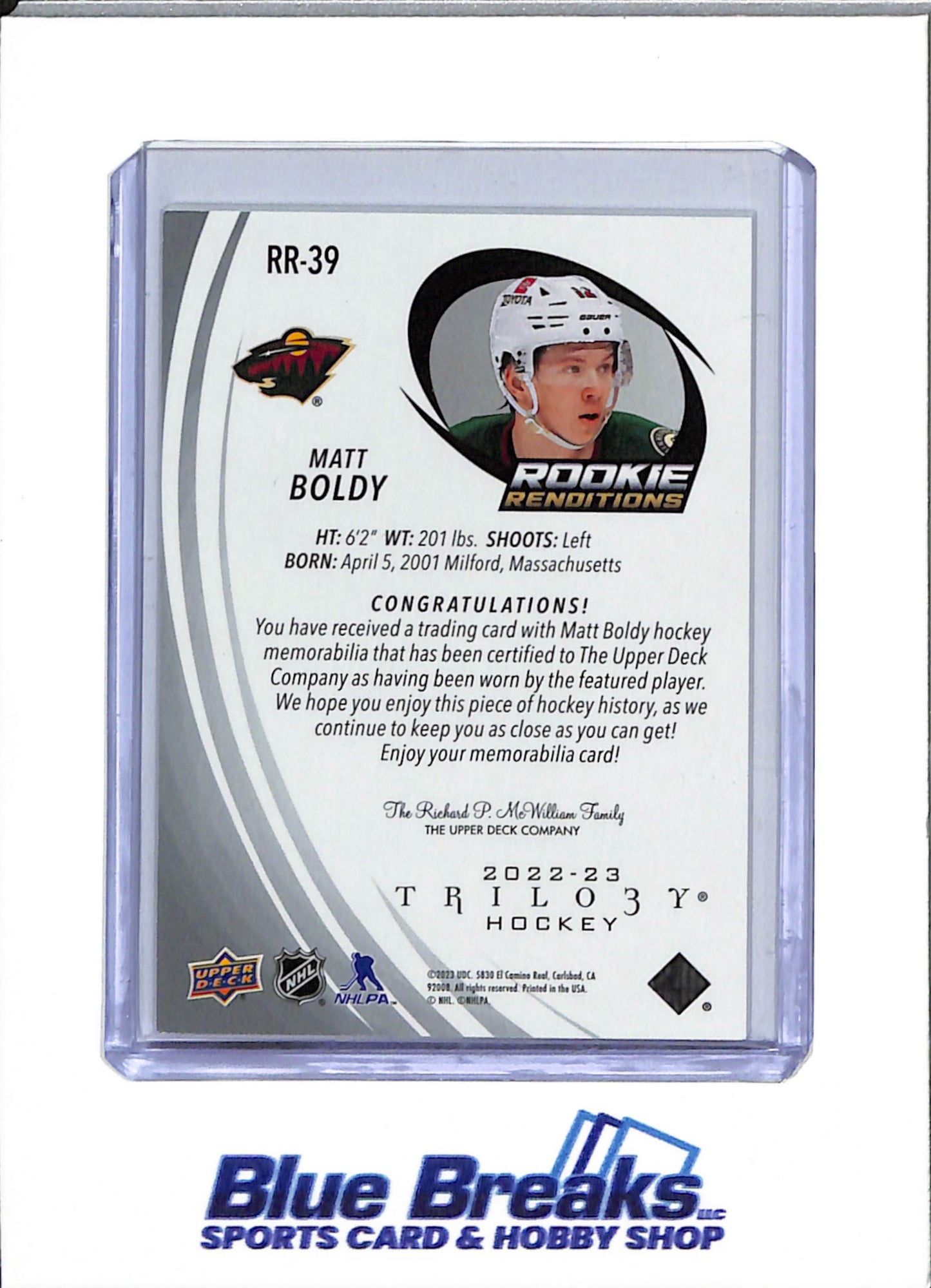 2023 Upper Deck - Trilogy - Rookie Renditions - Matt Boldy - relic - #RR-39 - hockey - Wild